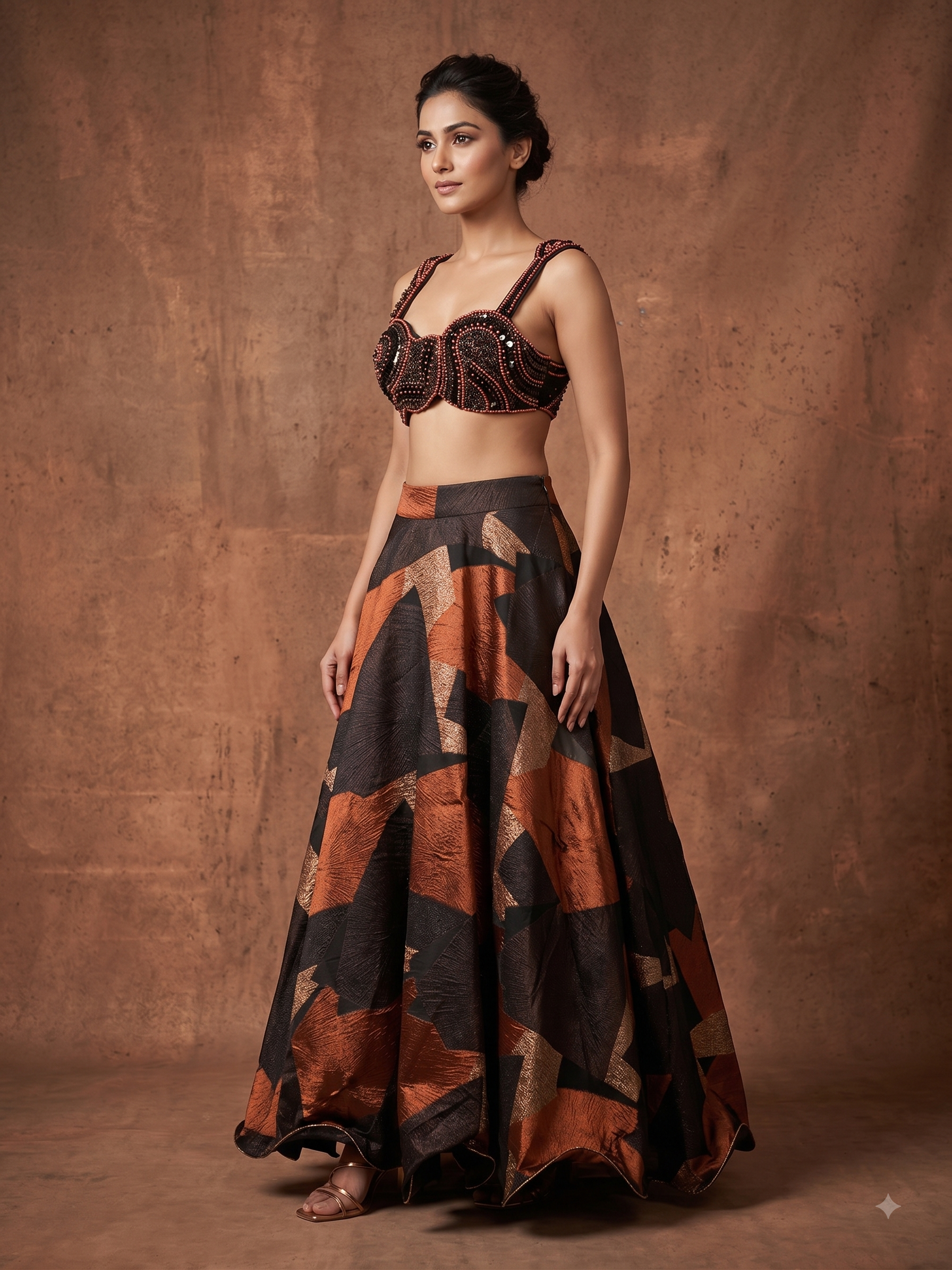 Black & Copper Geometric Shimmer Silk Lehenga Set