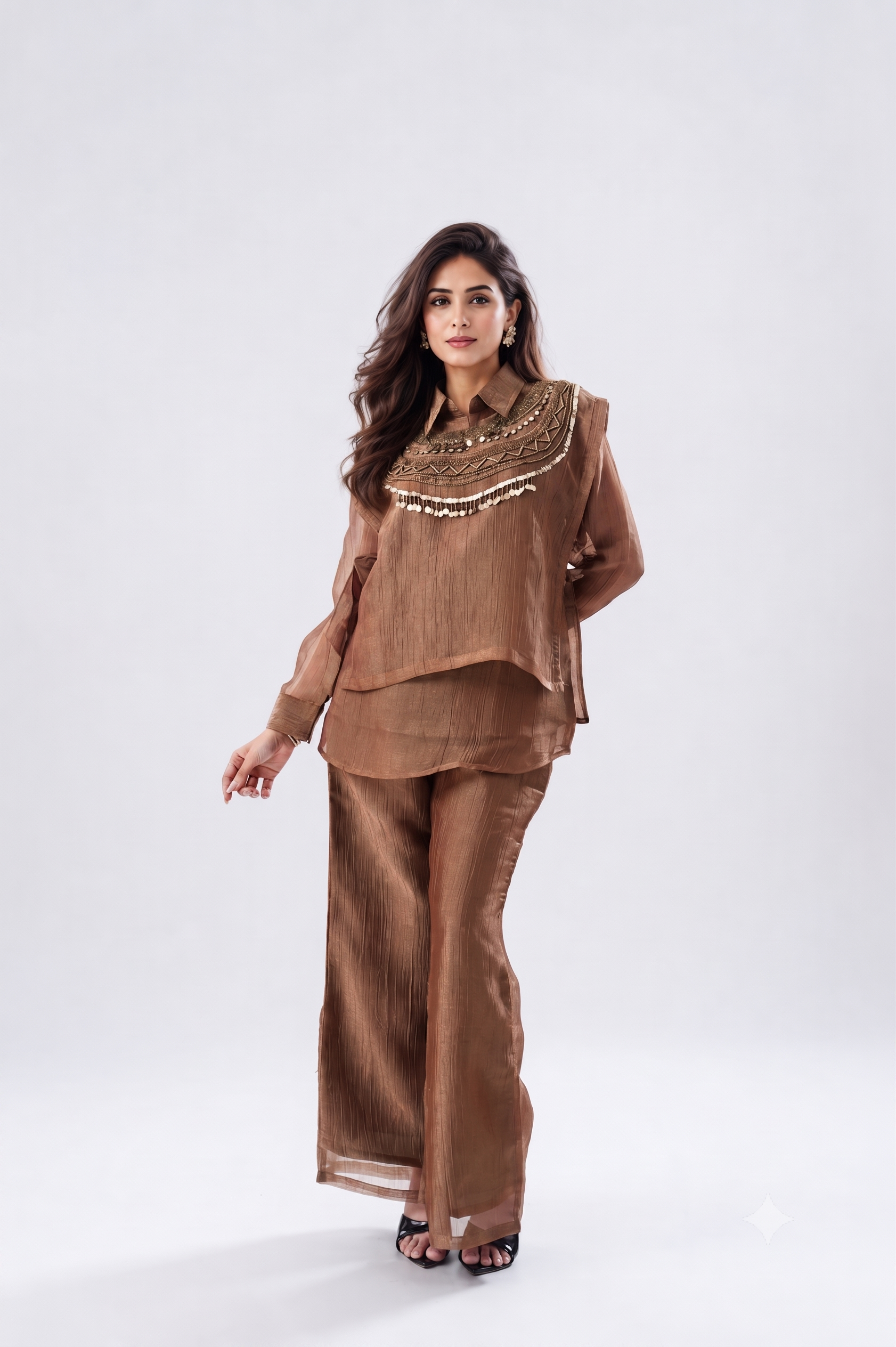 Bronze Elegance Embellished Tissue Silk Co-Ord Set