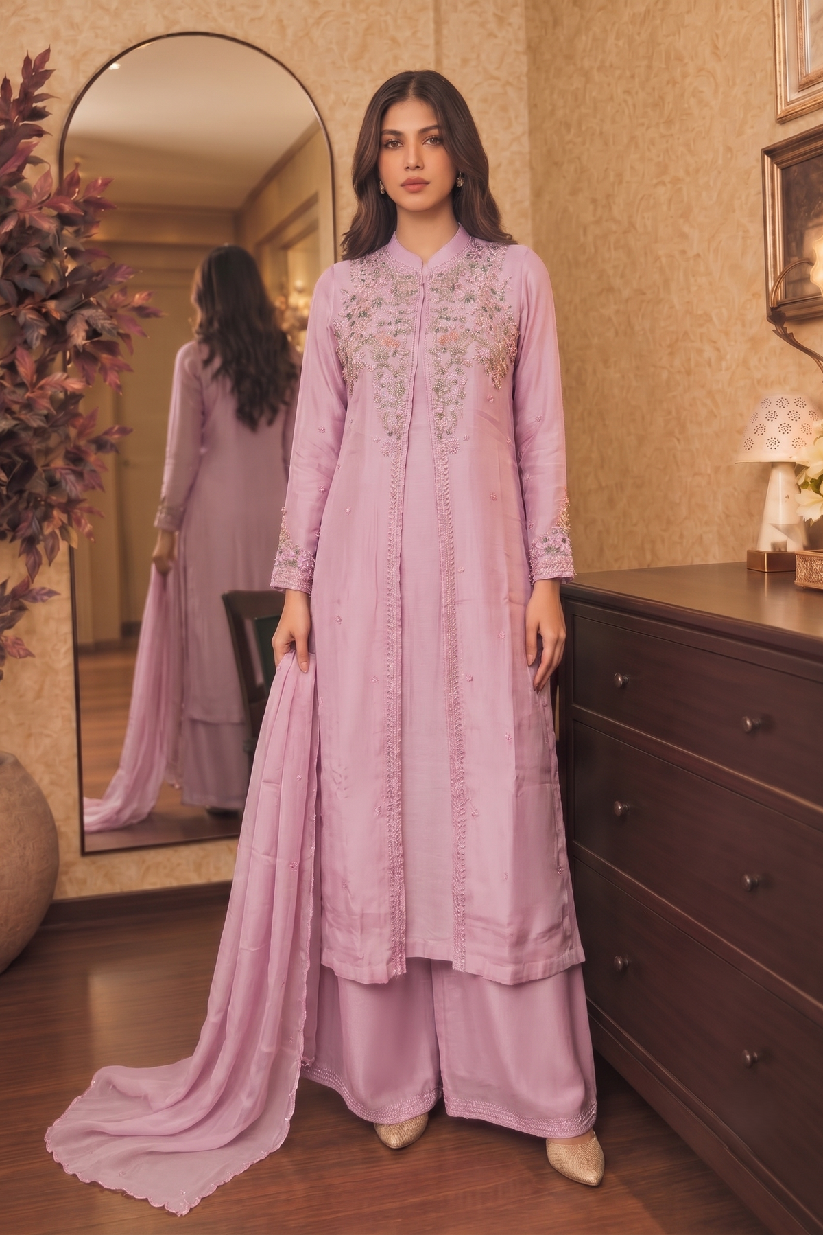 Lilac Pink Embellished Chinon Silk Palazzo Set