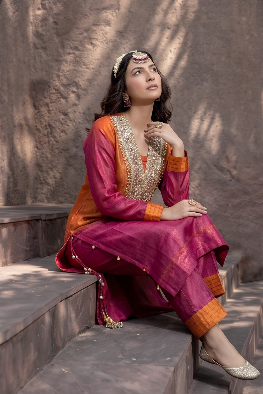 Vibrant Orange & Pink Ombre Shimmer Silk Kurta Set