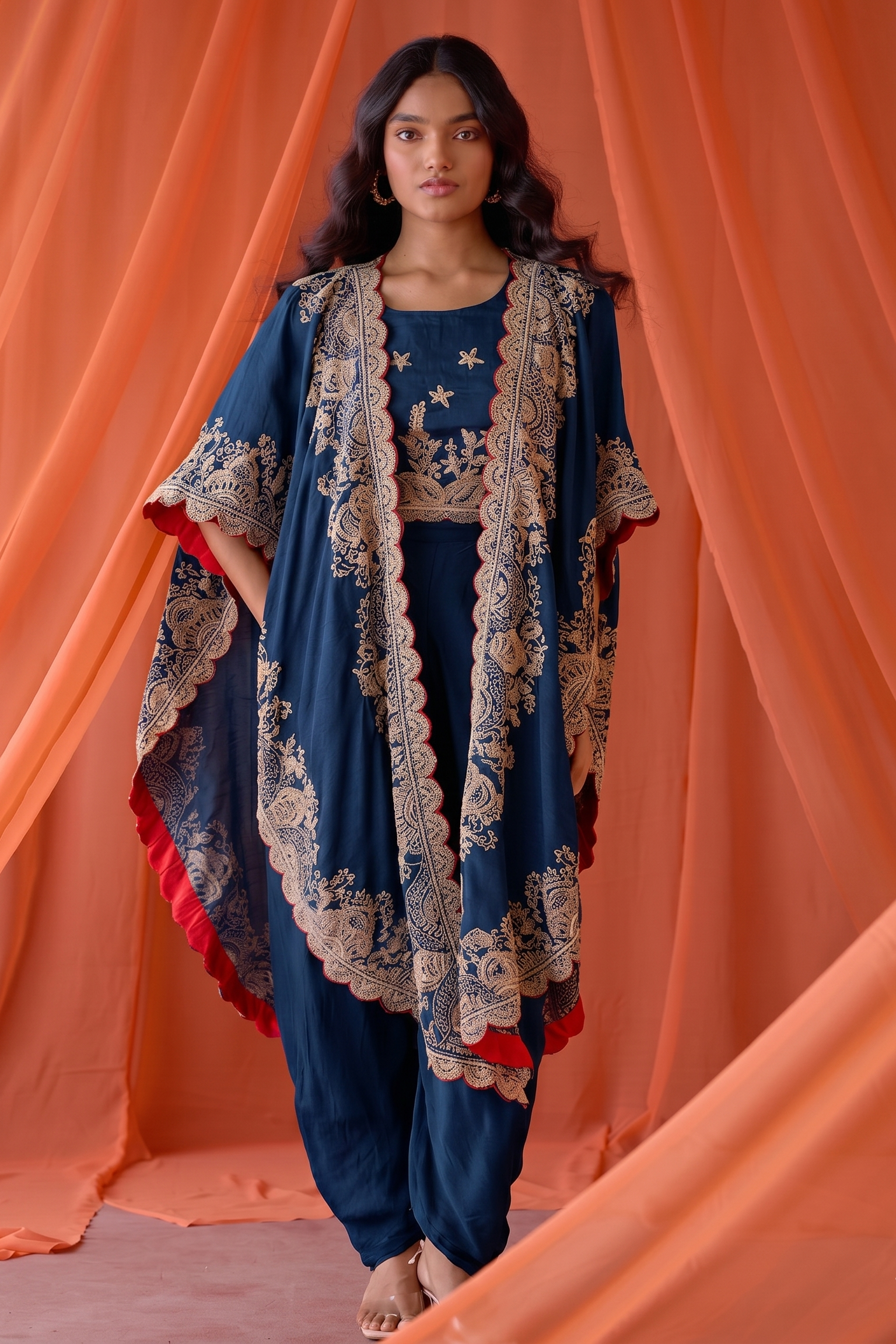 Deep Blue Embellished Raw Silk Cape Set