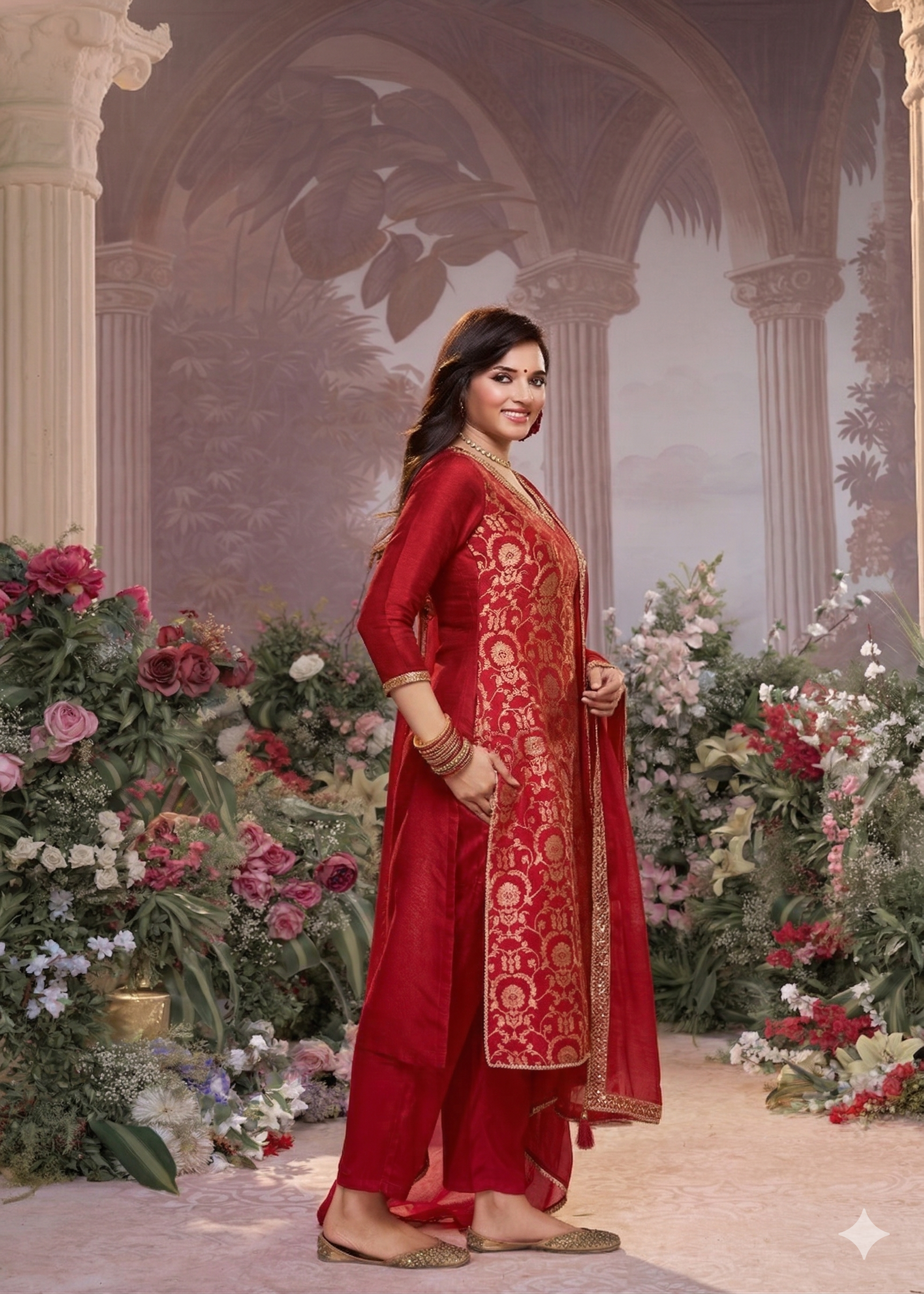 Hot Red Embellished Brocade Silk Pant Set