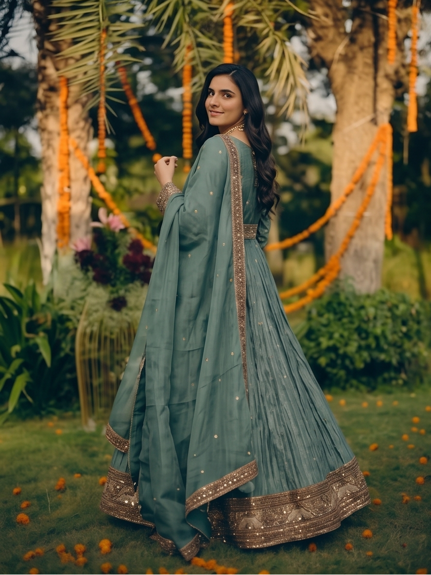 Steel Blue-Sage Copper Embellished Tissue Silk Anarkali Set