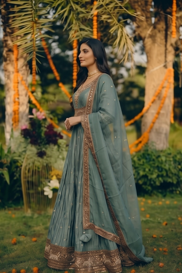 Steel Blue-Sage Copper Embellished Tissue Silk Anarkali Set