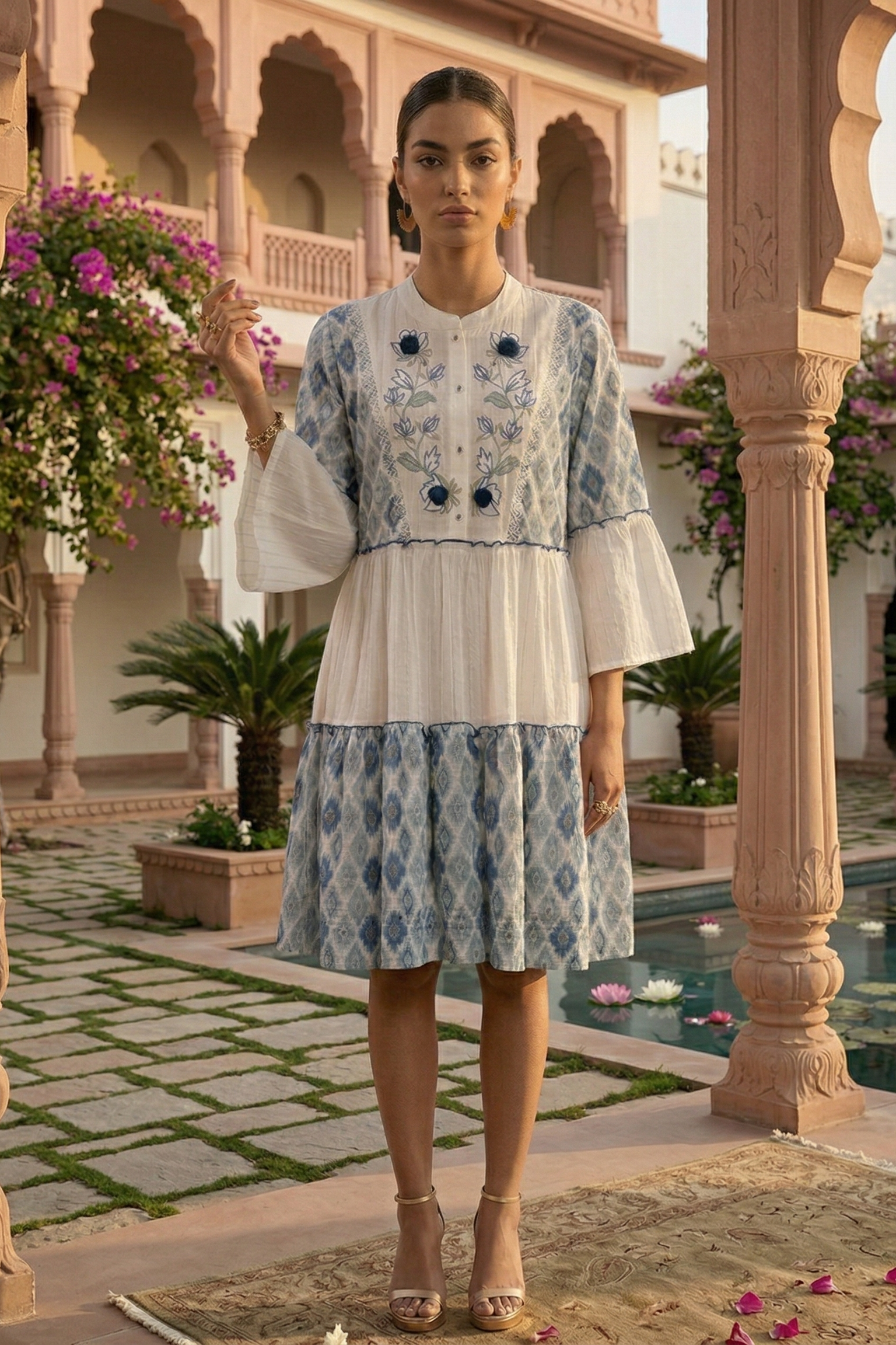 Dusty Blue & White Embroidered Cotton Dress