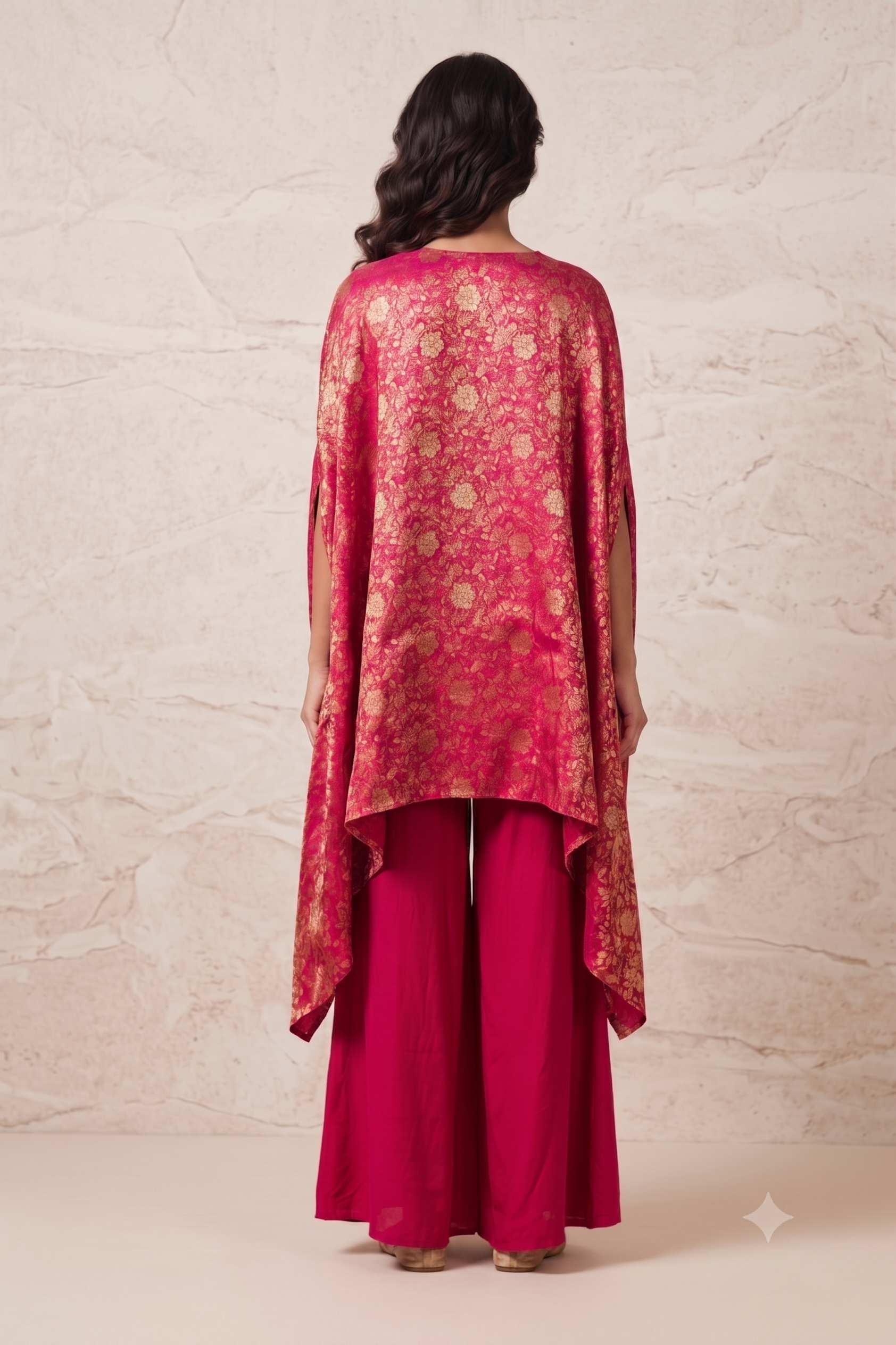 Raspberry Pink Embellished Banarasi Brocade Silk Kaftan Set