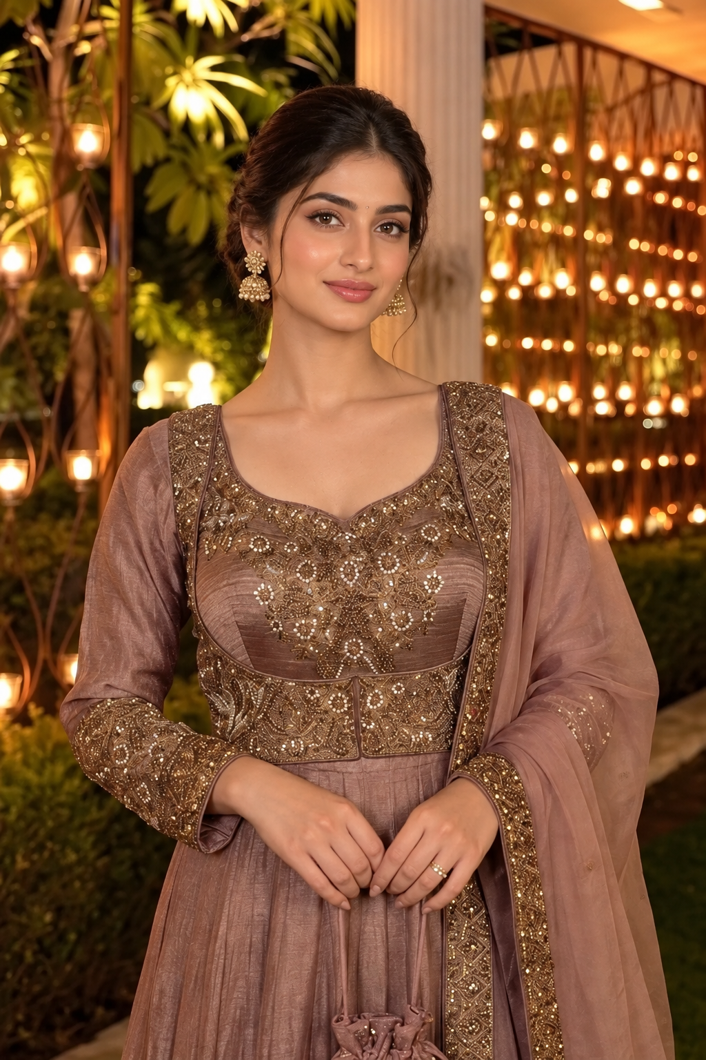 Rose Gold Embellished Tissue Silk Anarkali Set