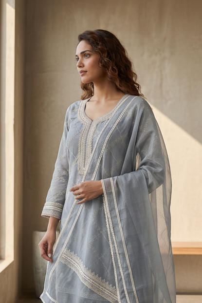 Slate Grey Embroidered Mul-Chanderi Silk Suit Set