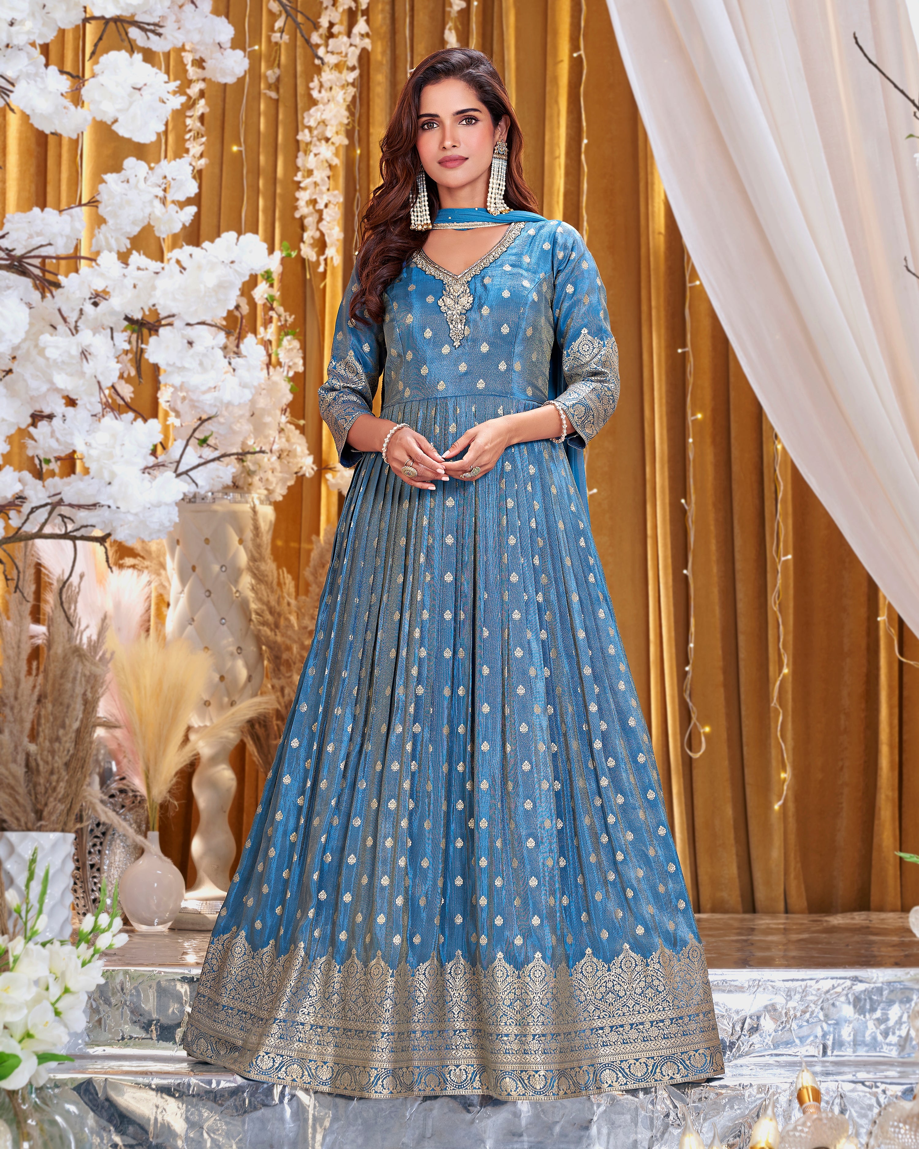 Antique Blue Embellished Shimmer Tissue Silk Anarkali Set