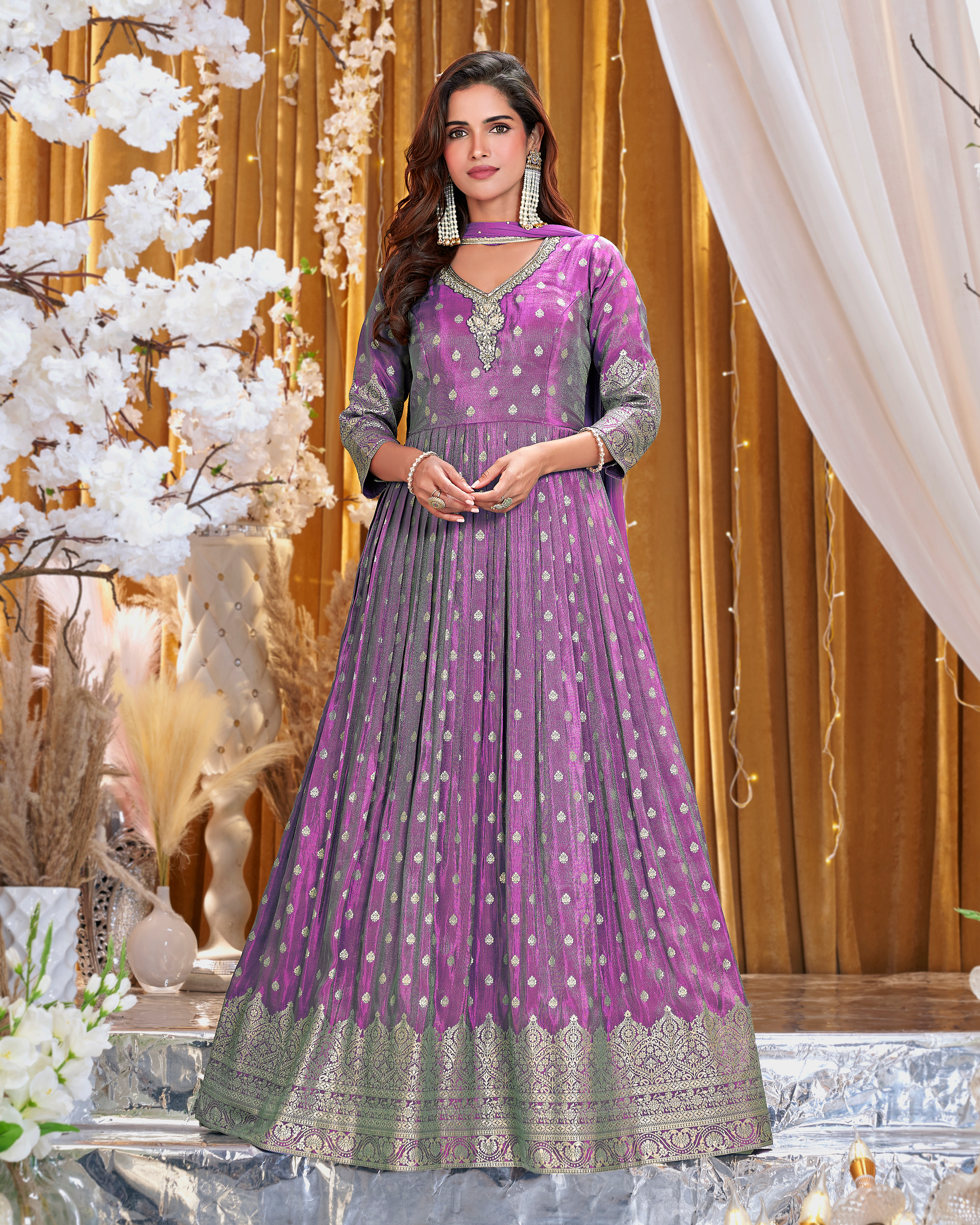 Plum Purple Embellished Shimmer Brocade Silk Anarkali Set