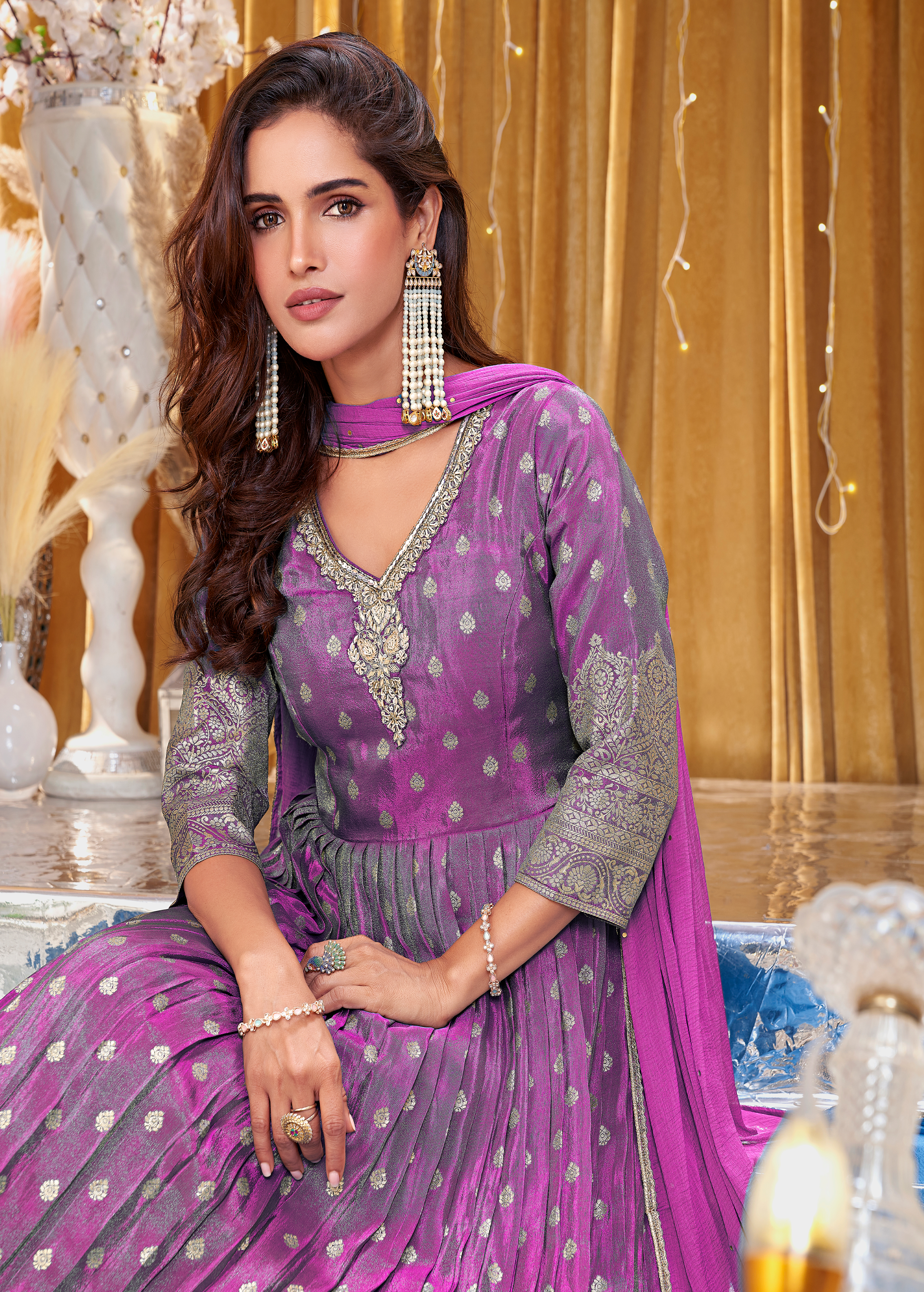 Plum Purple Embellished Shimmer Brocade Silk Anarkali Set