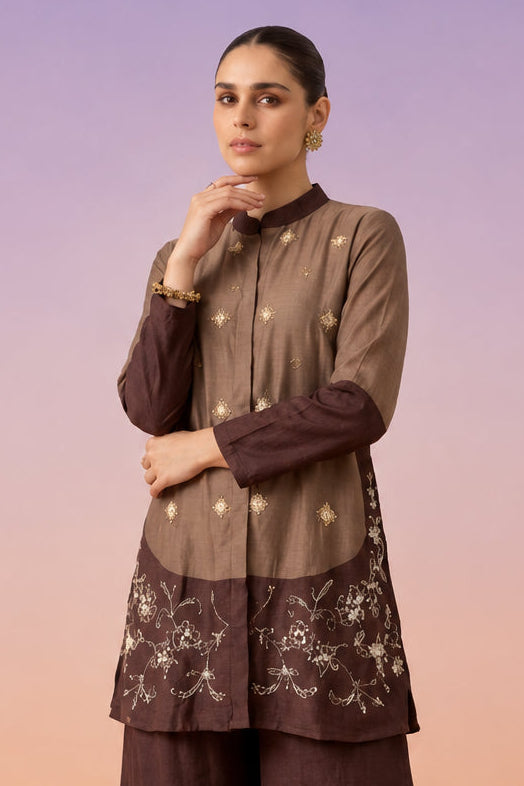 Brown Plum Embellished Crepe Silk Co-Ord Set