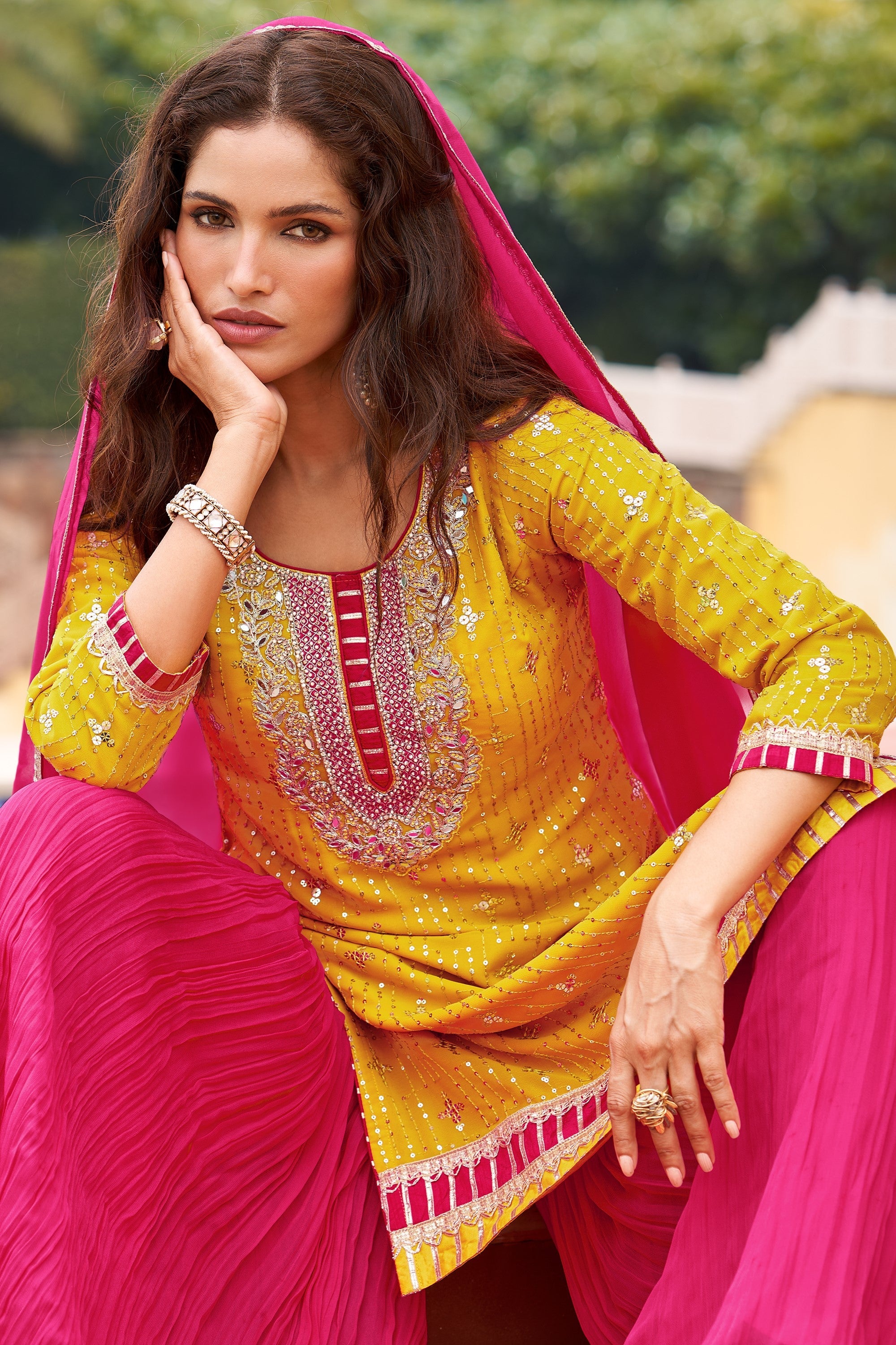 Yellow Embellished Georgette Silk Sharara Set