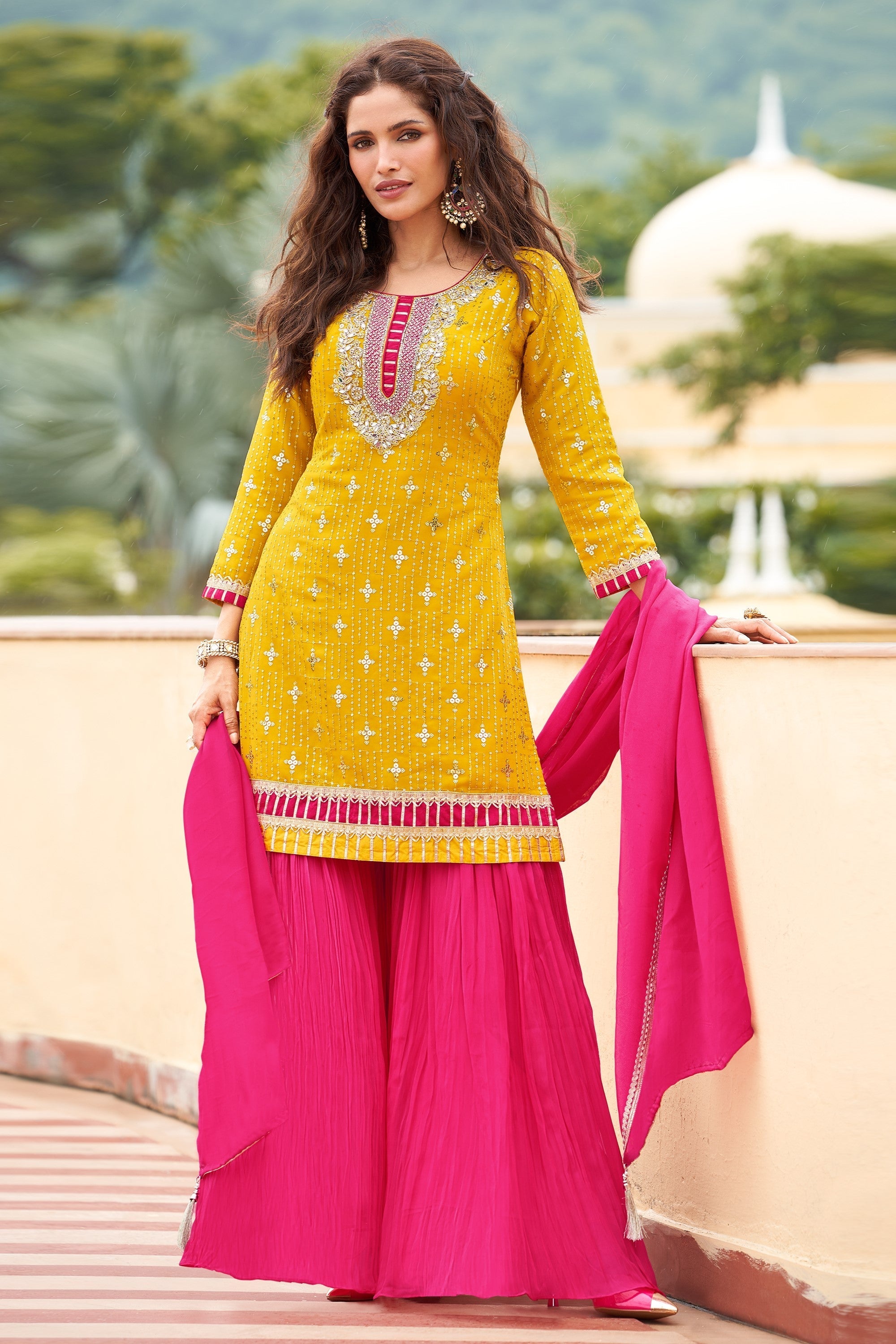 Yellow Embellished Georgette Silk Sharara Set