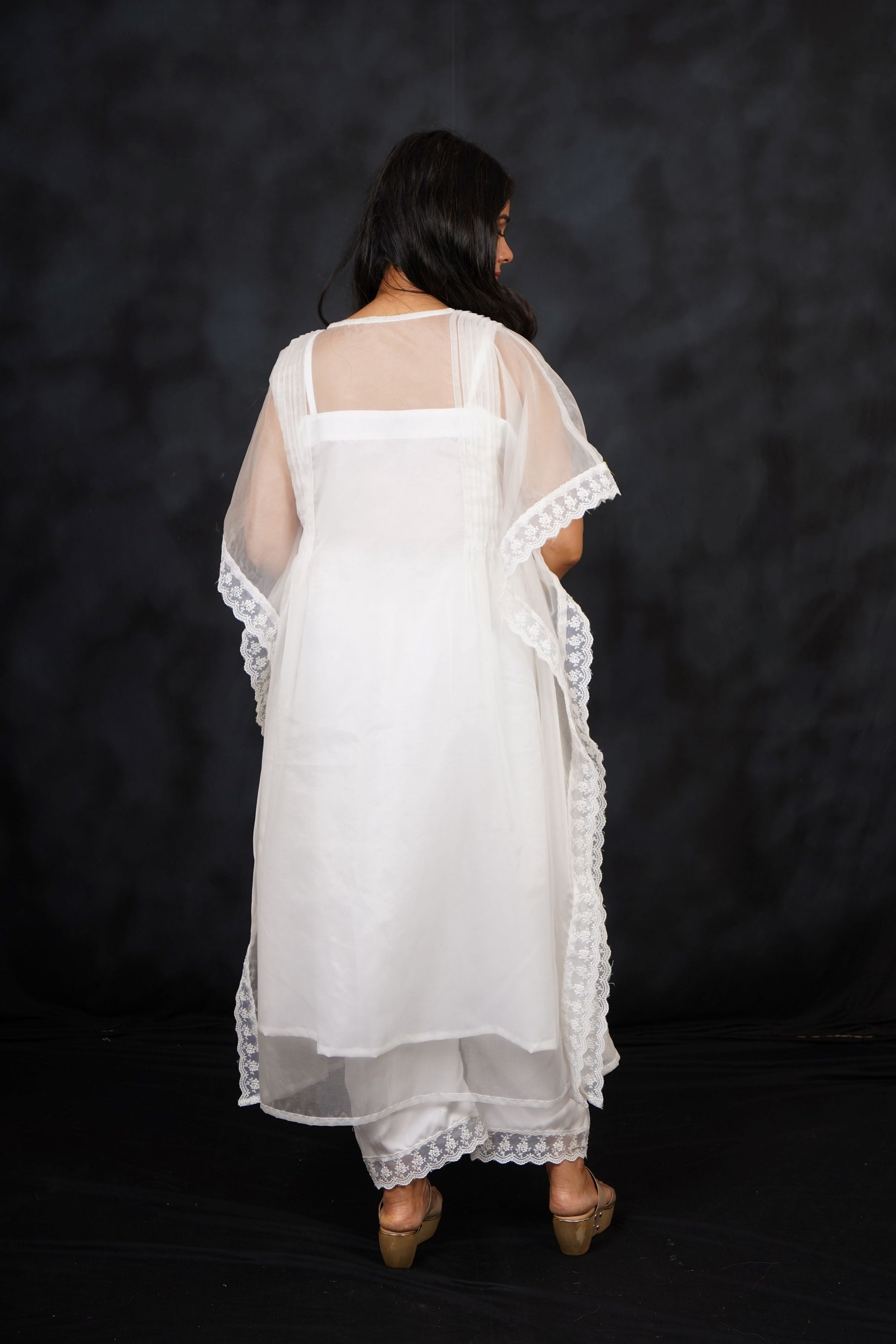 White Embroidered Premium Organza Silk Kaftan Set