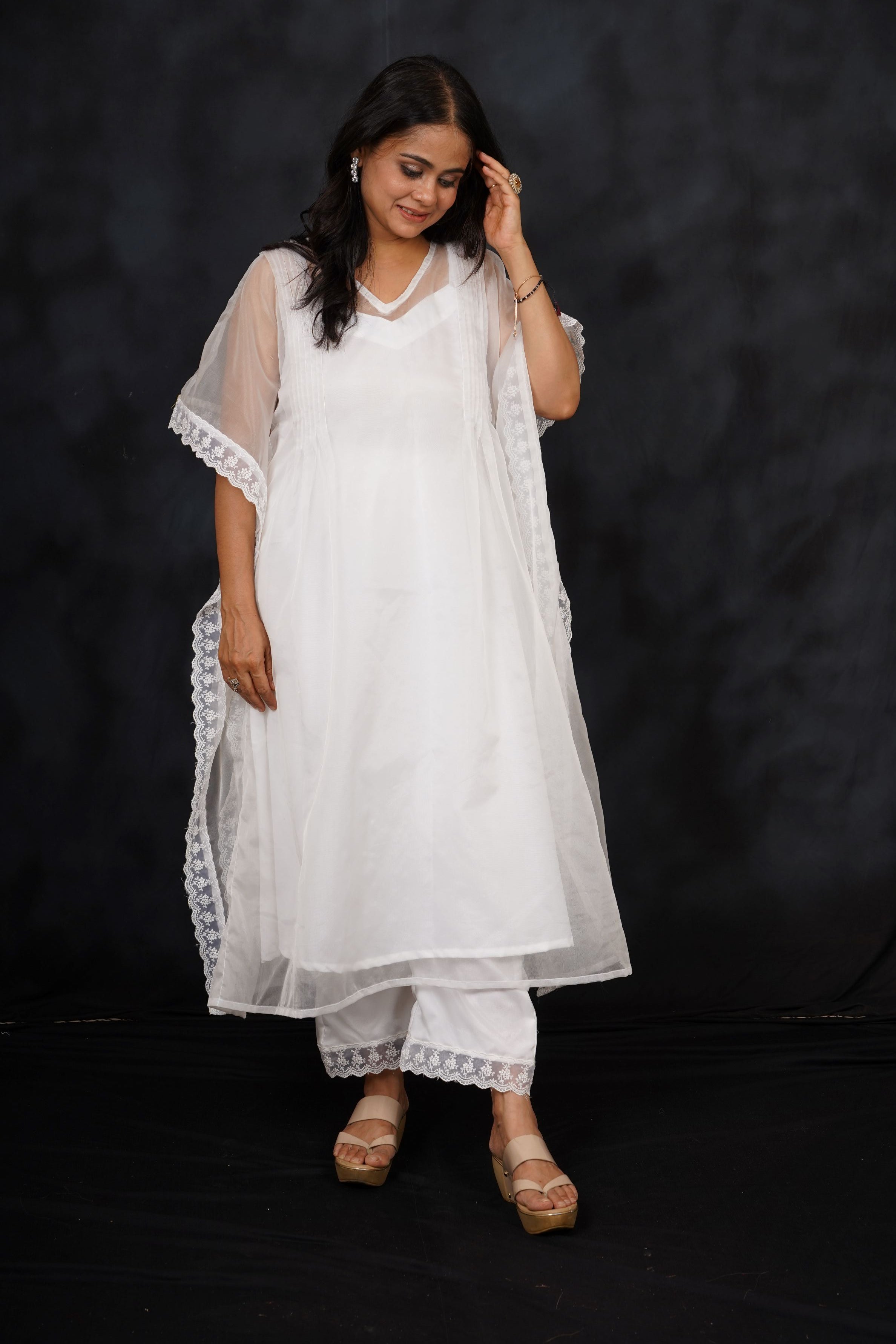 White Embroidered Premium Organza Silk Kaftan Set