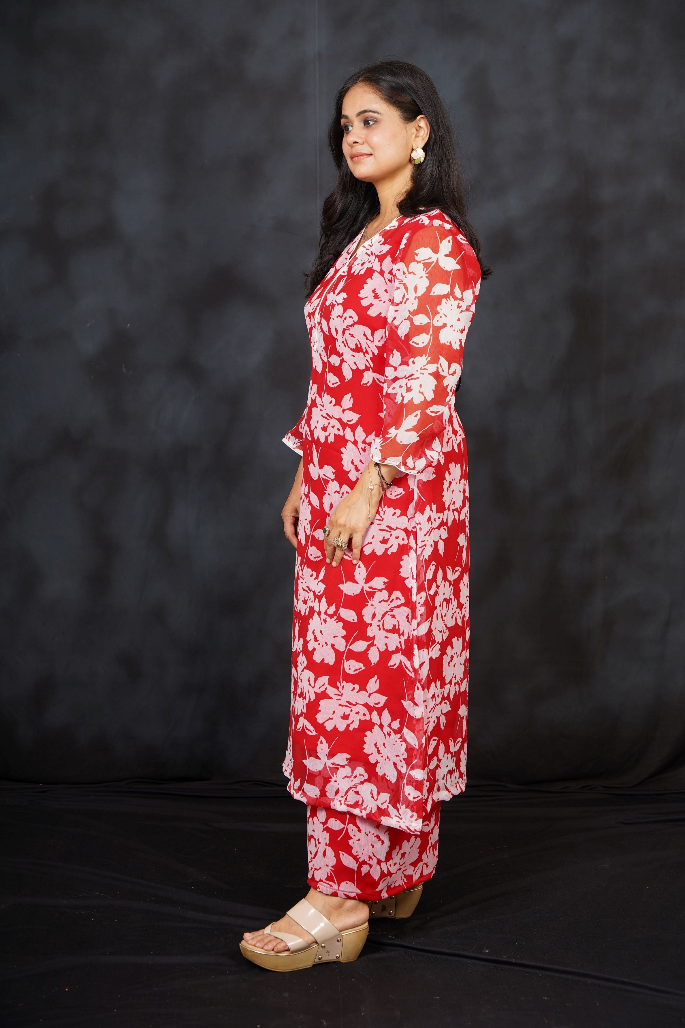 Red Floral Printed Chiffon Silk Palazzo Set