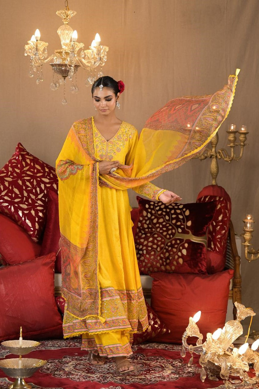 Festive Yellow Embroidered German Silk Anarkali Set