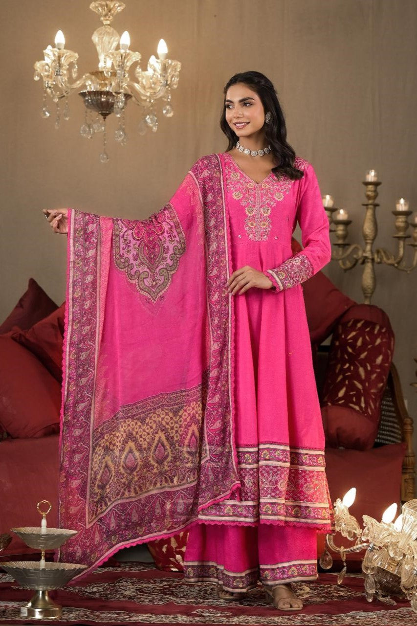 Pink Embellished Spanish Silk Anarkali Set