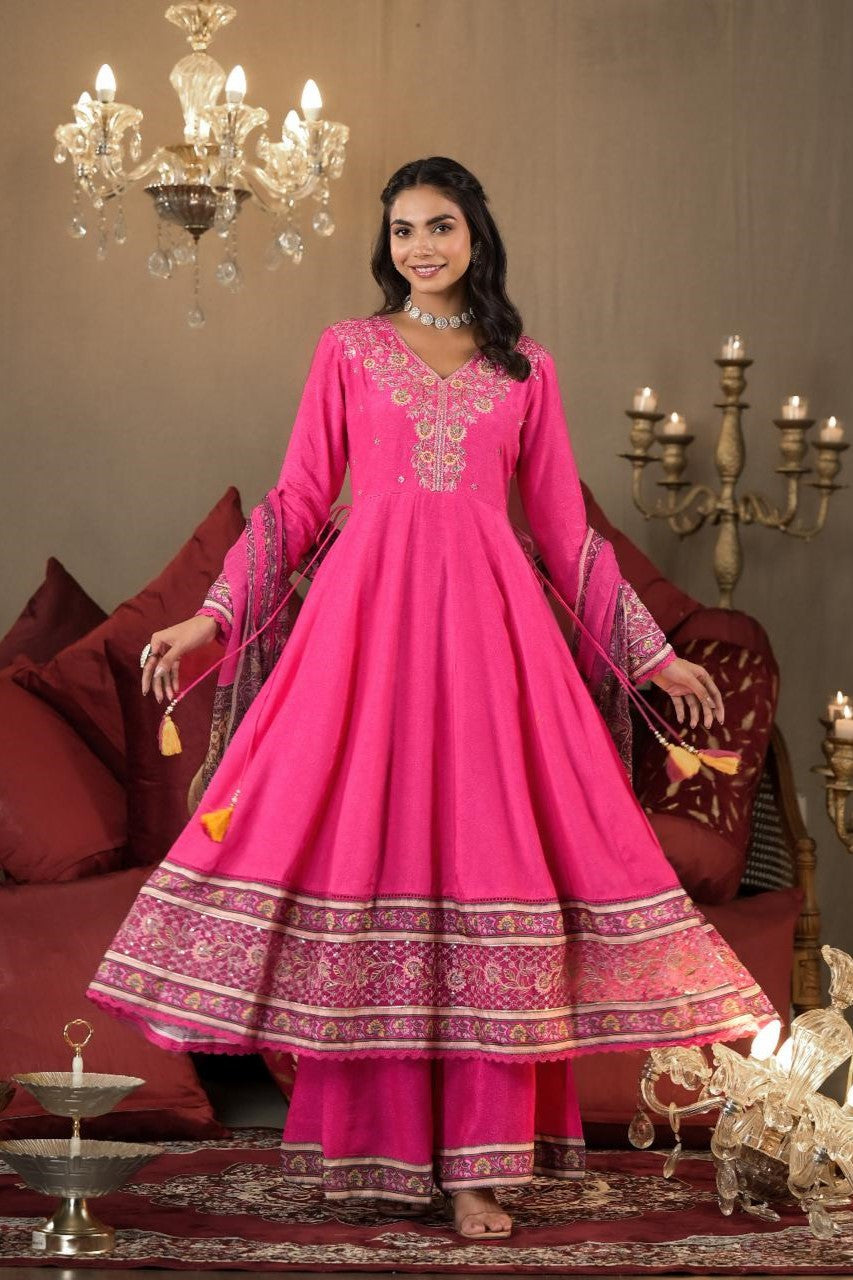 Pink Embellished Spanish Silk Anarkali Set