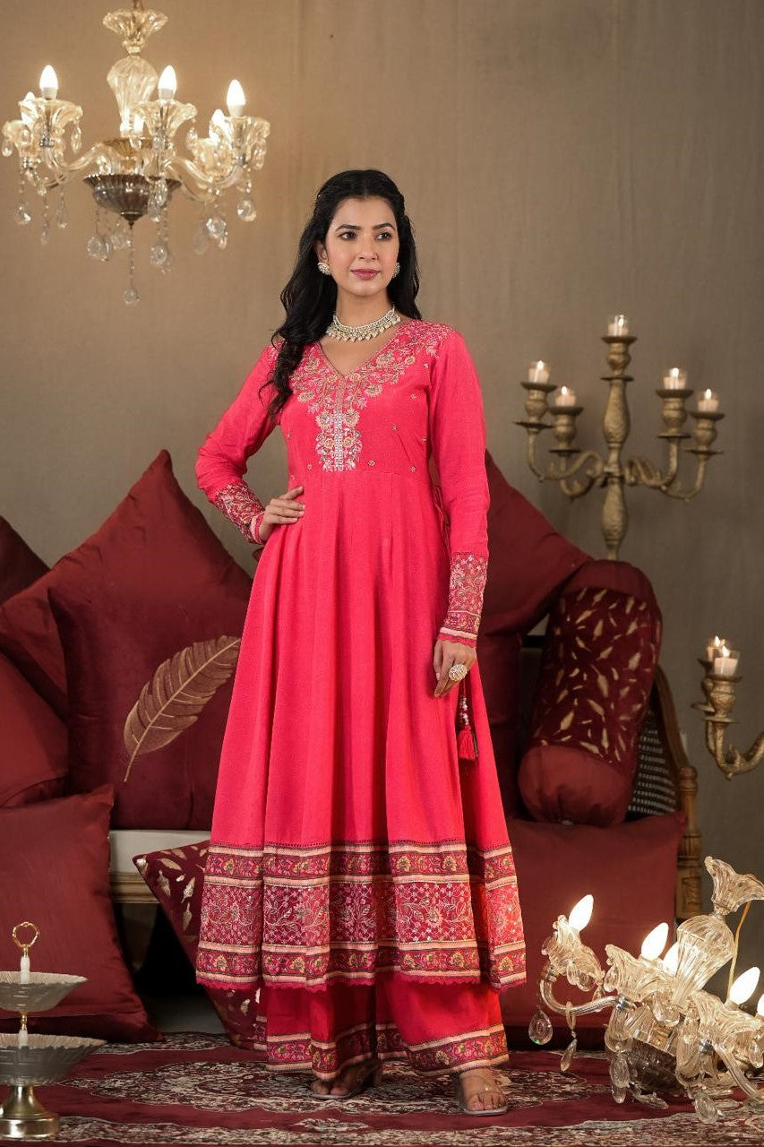 Crimson Red Embellished Spanish Silk Anarkali Set