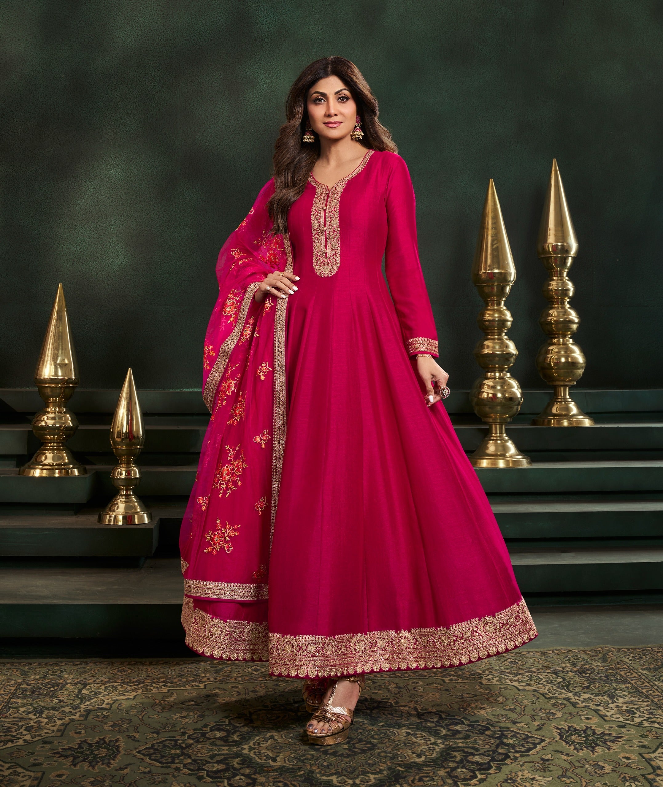 Magenta Pink Embellished Brocade Silk Anarkali Set