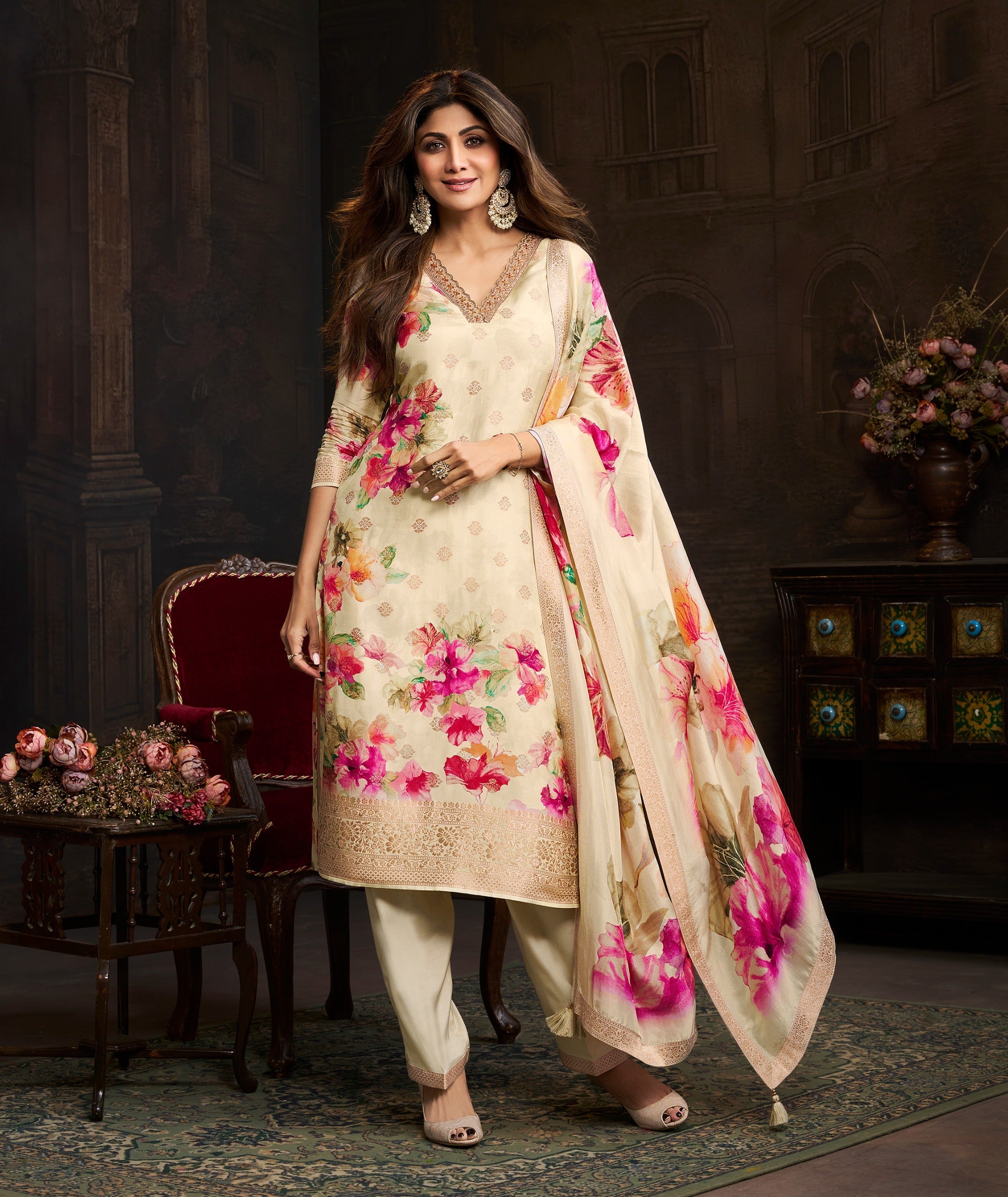 Ivory Embellished Chinon Silk Pant Set