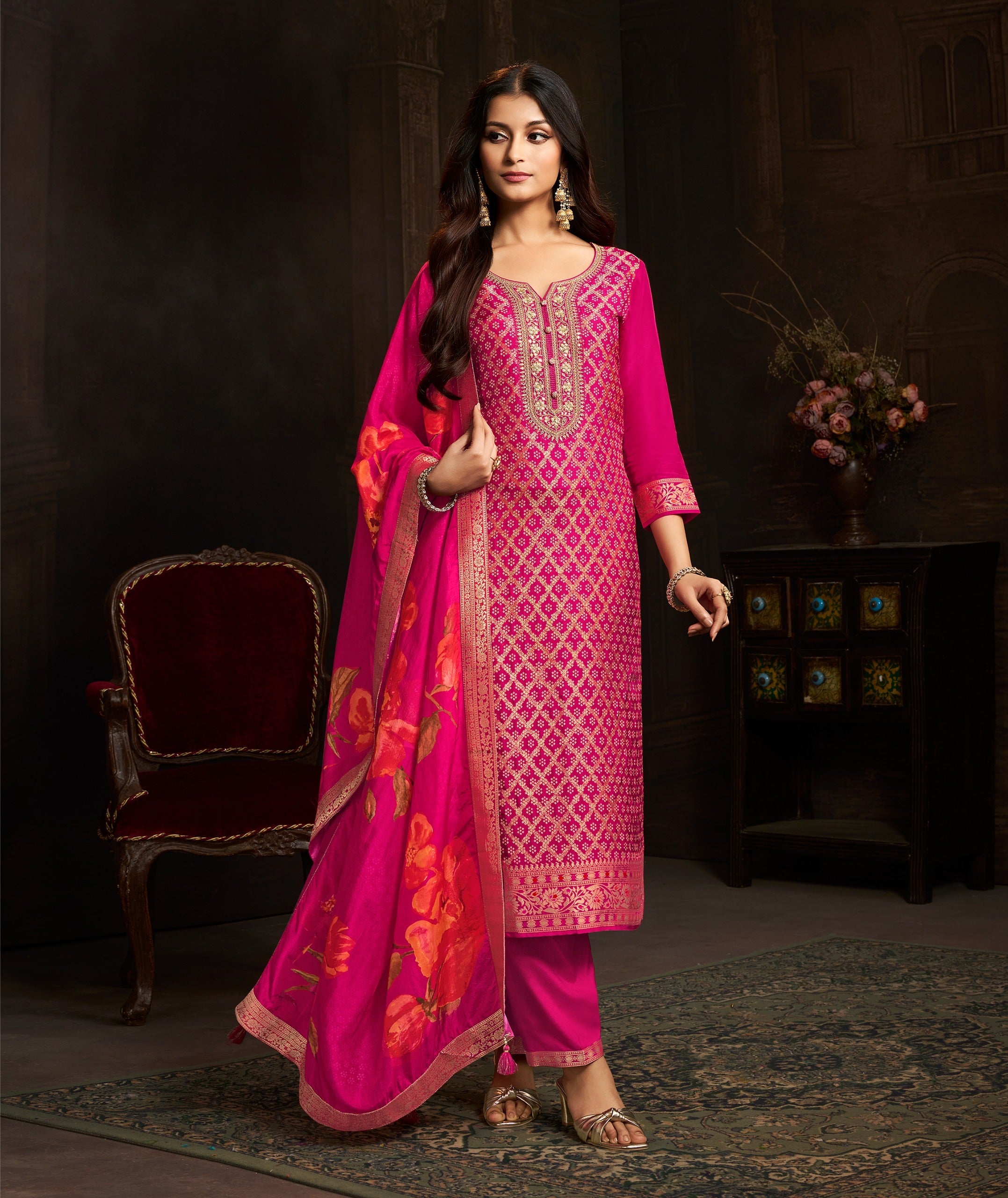 Rani Pink Embellished Chinon Silk Pant Set