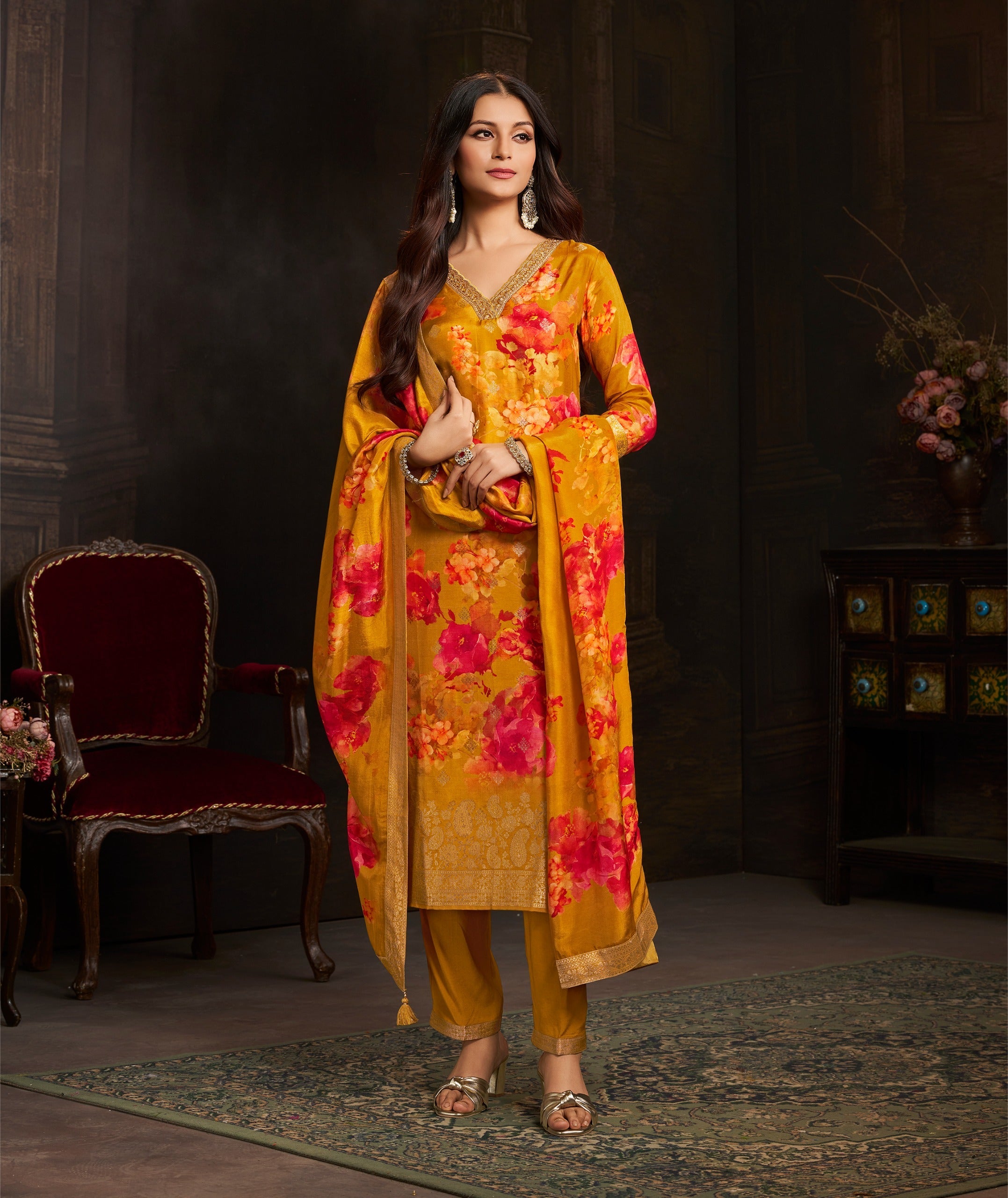 Mustard Yellow Embellished Chinon Silk Pant Set