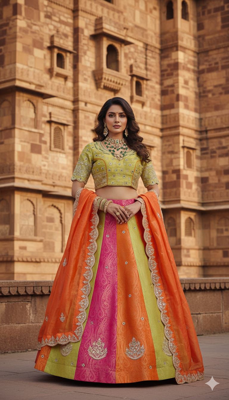 Multi-Color Zari Embroidered Banarasi Silk Lehenga Set