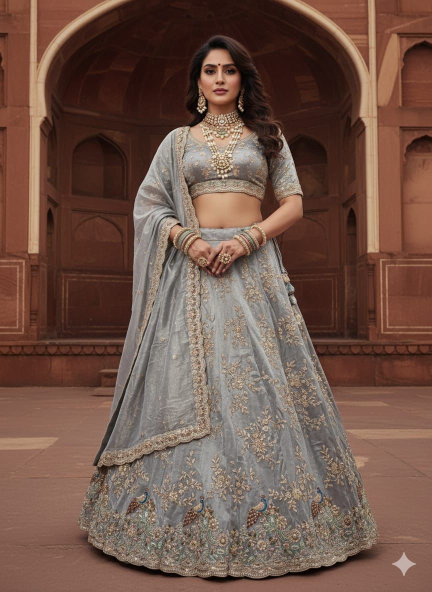 Silver-Blue Lehenga with Antique Gold Embroidery