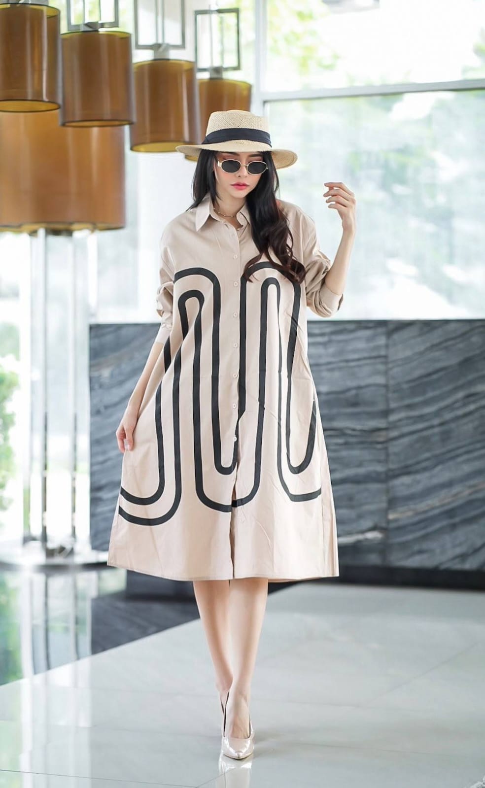 Beige Monochrome Path Print Tunic Dress