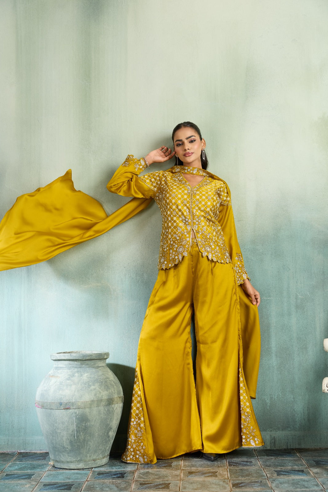 Golden Yellow Embellished Crepe Silk Palazzo Set