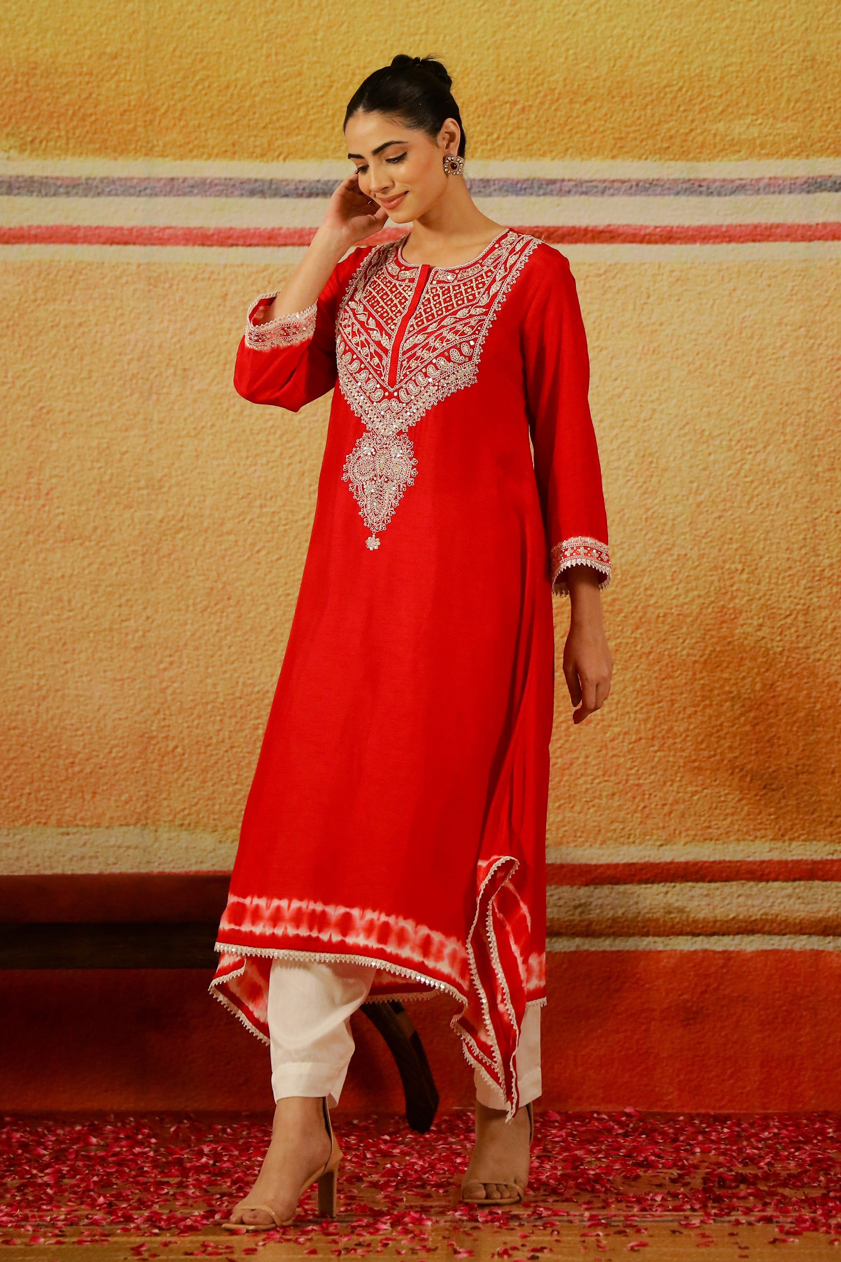 Rani Pink Embroidered Spanish Silk Kurta Set