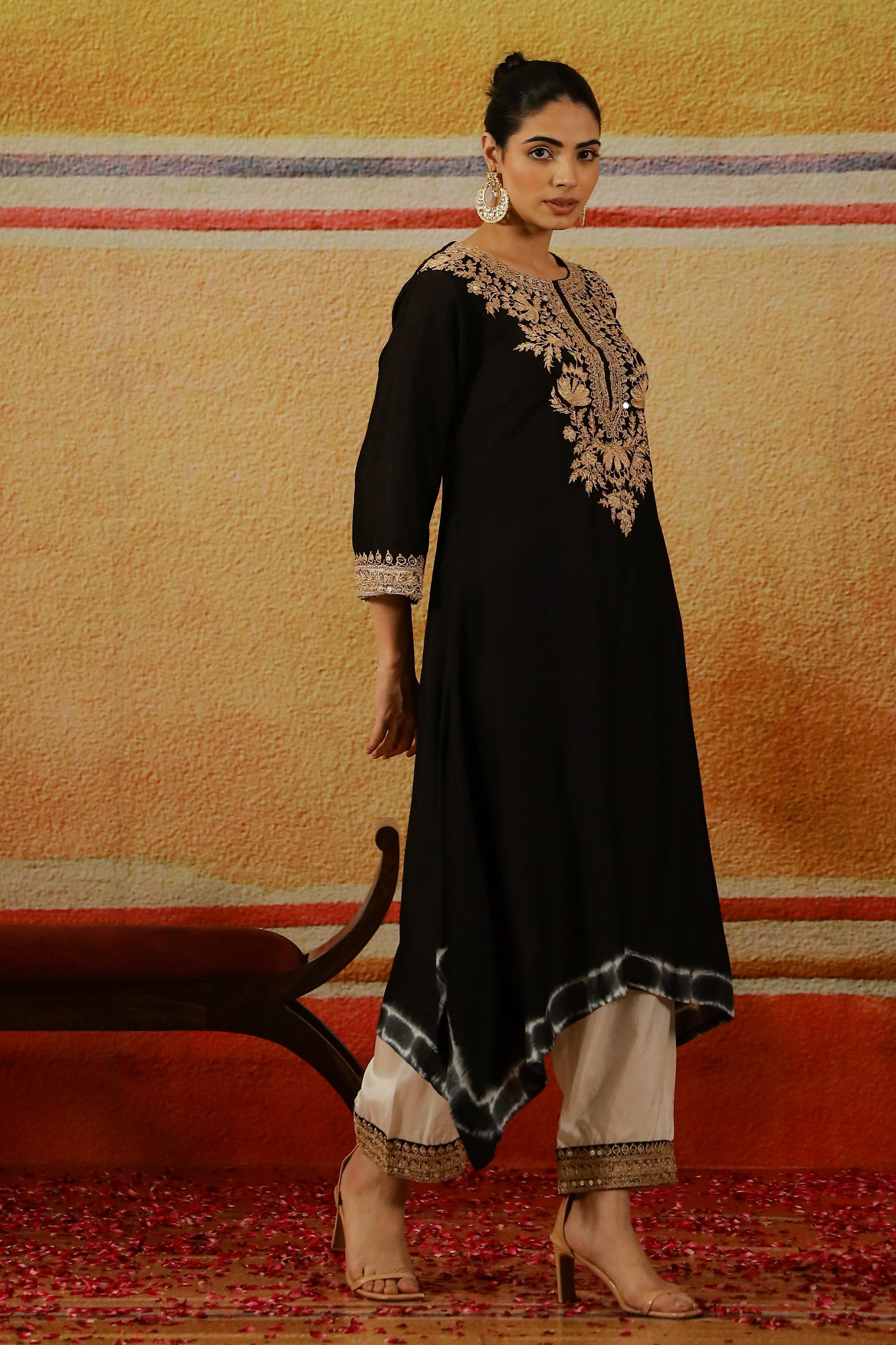 Black Embroidered German Silk Palazzo Set