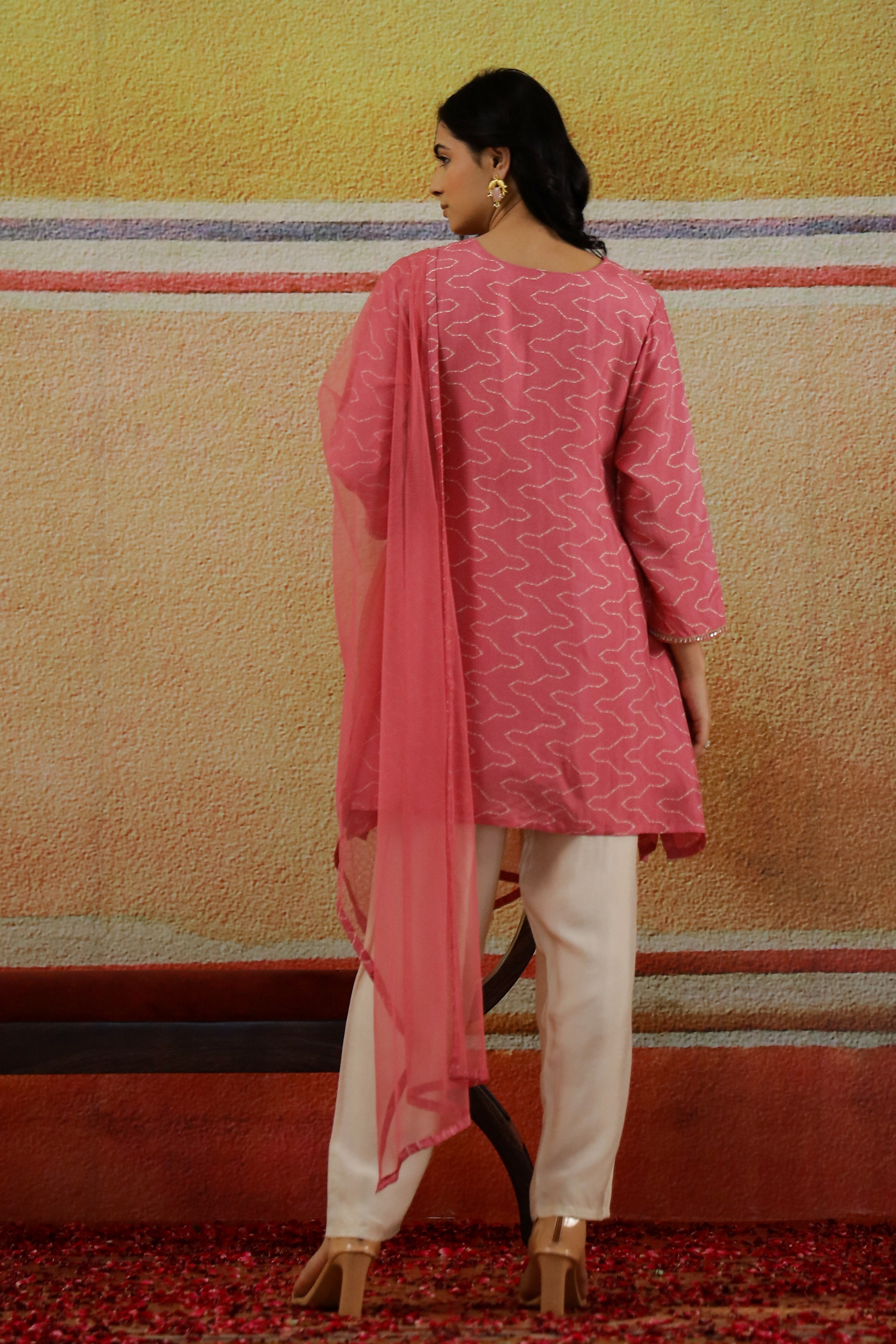 Salmon Pink Embroidered Premium Silk Pants Set