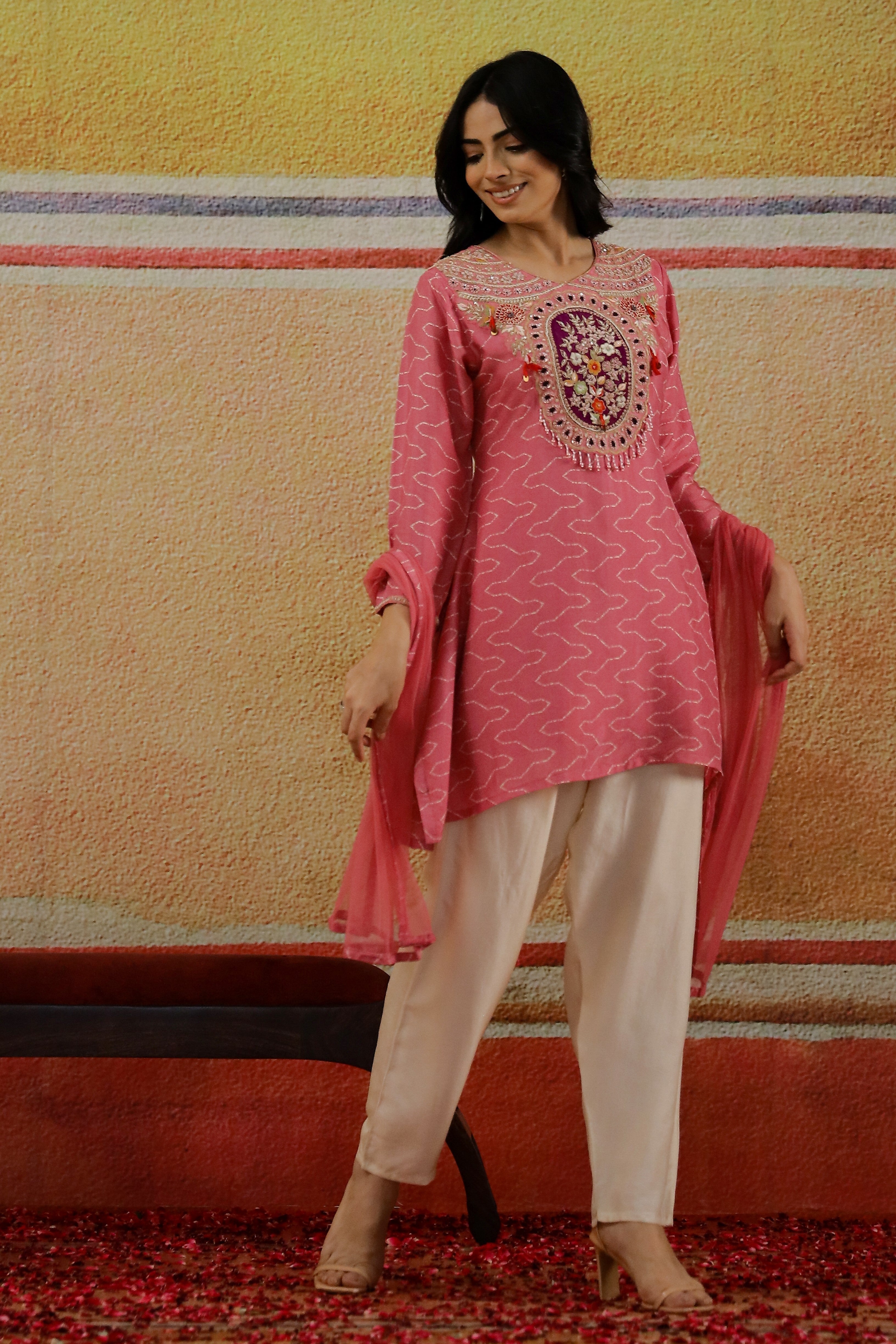 Salmon Pink Embroidered Premium Silk Pants Set