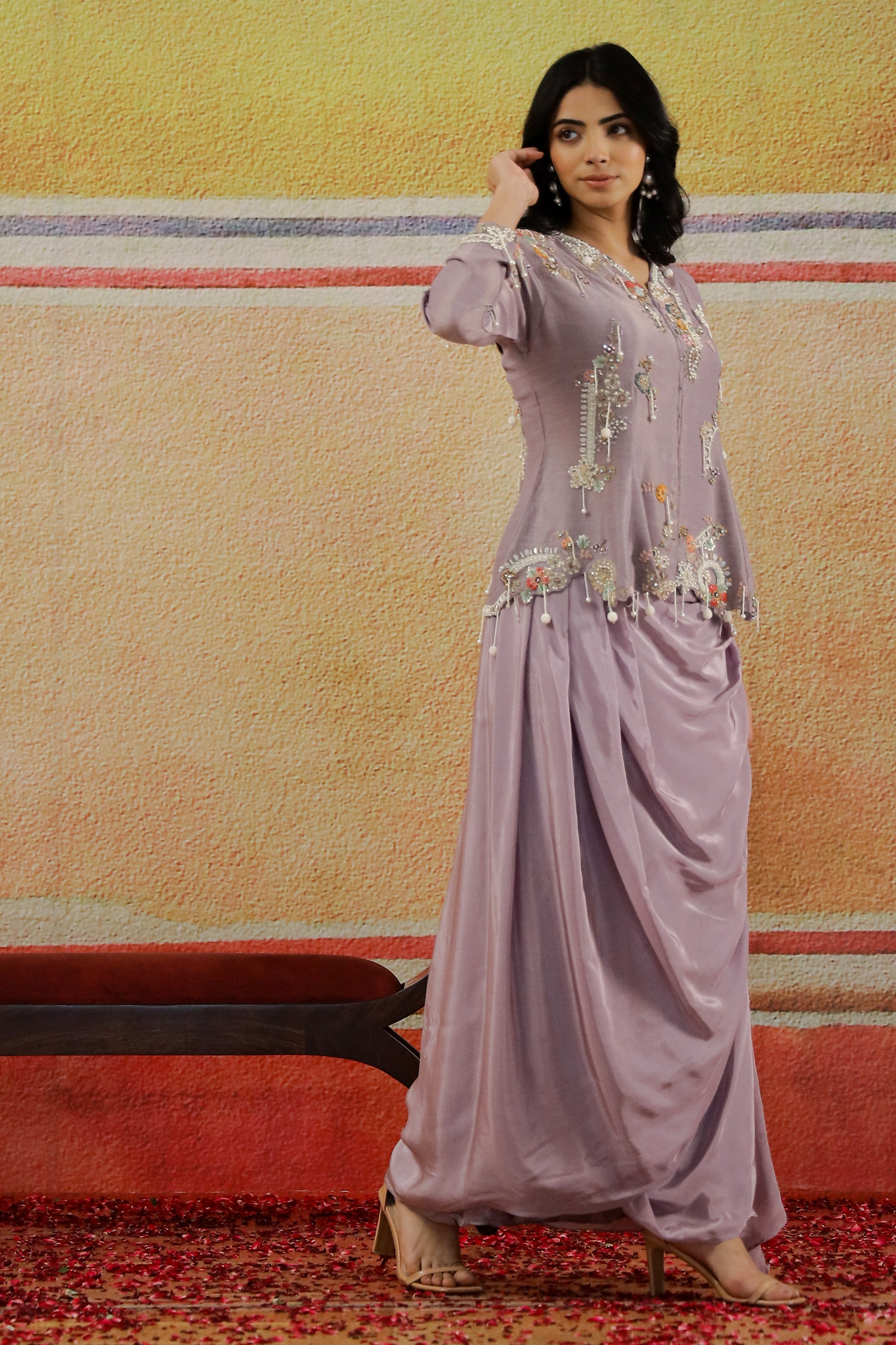 Shimmer Mauve Embellished Italian Silk Jacket & Skirt Set