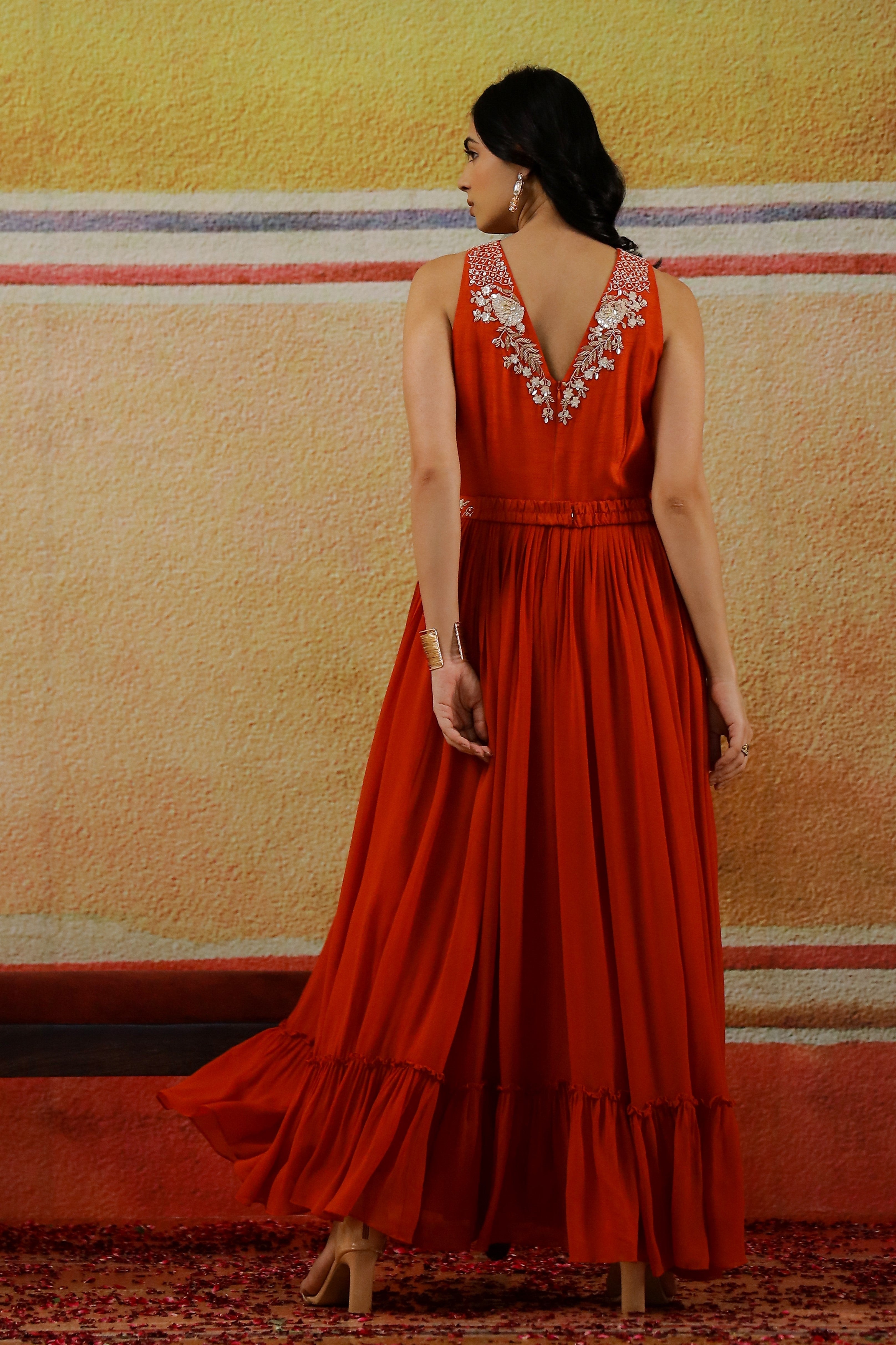 Carmine Red Embellished Vama Georgette Silk Gown