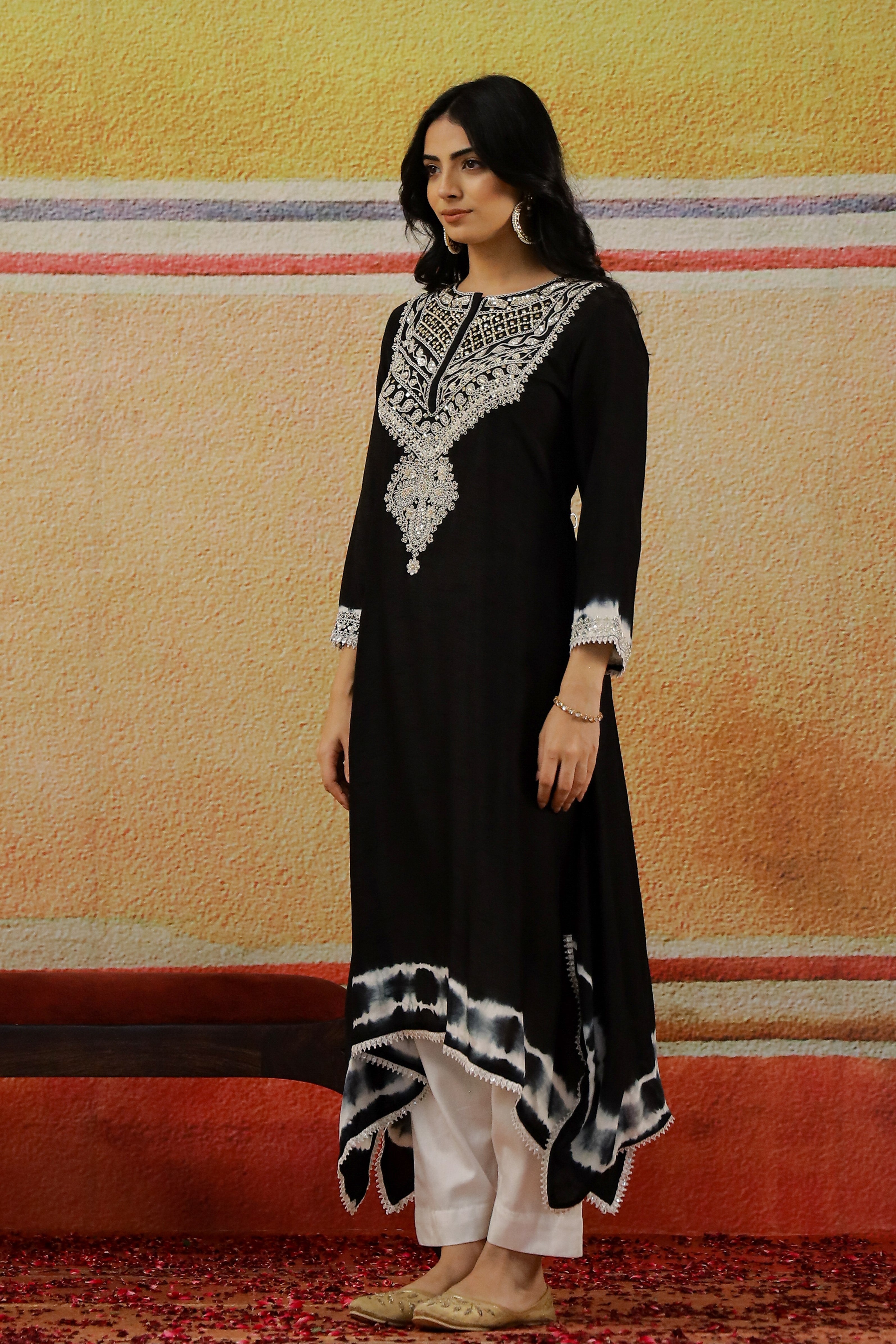 Black Embroidered Spanish Silk Kurta Set