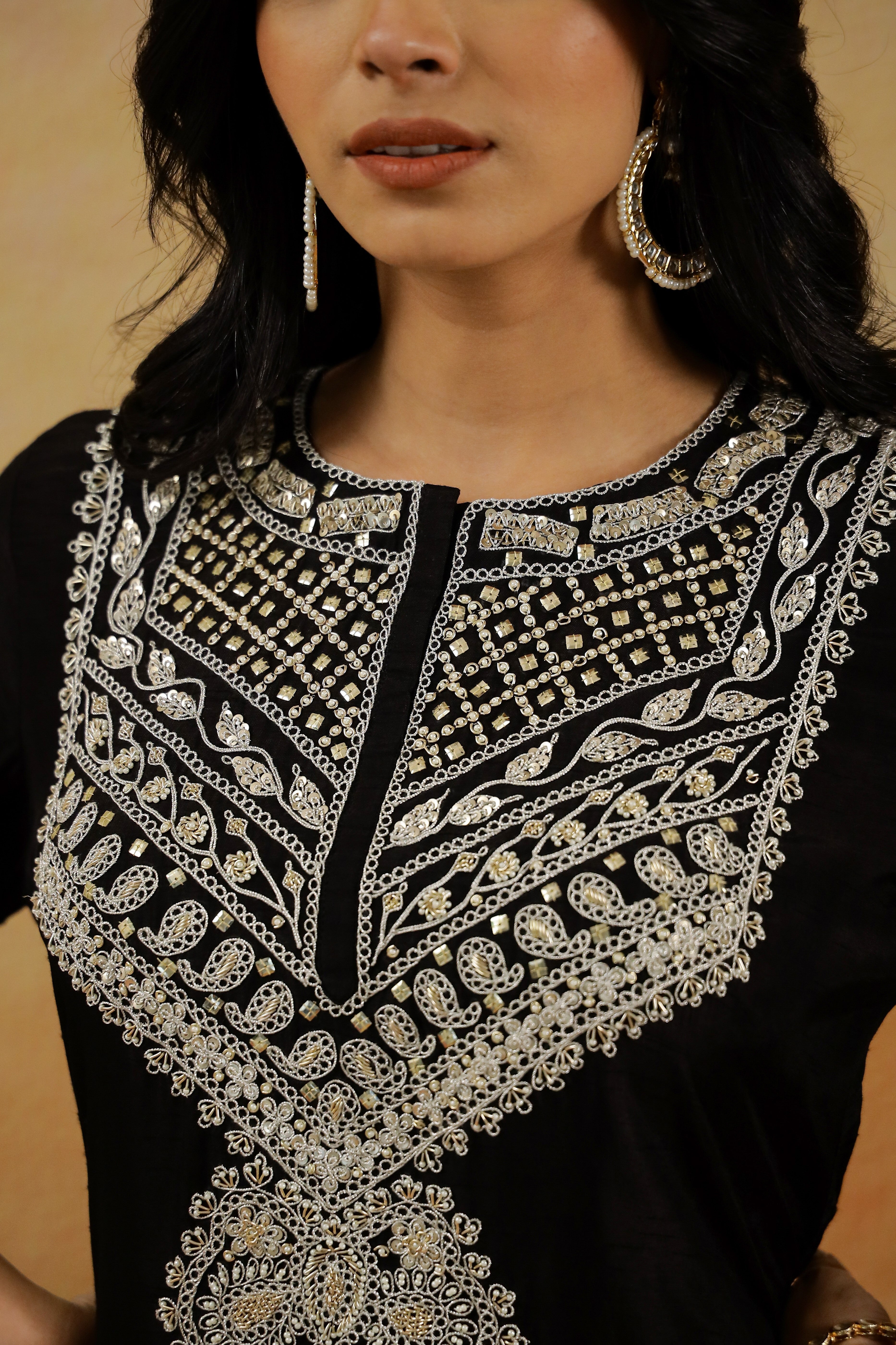 Black Embroidered Spanish Silk Kurta Set