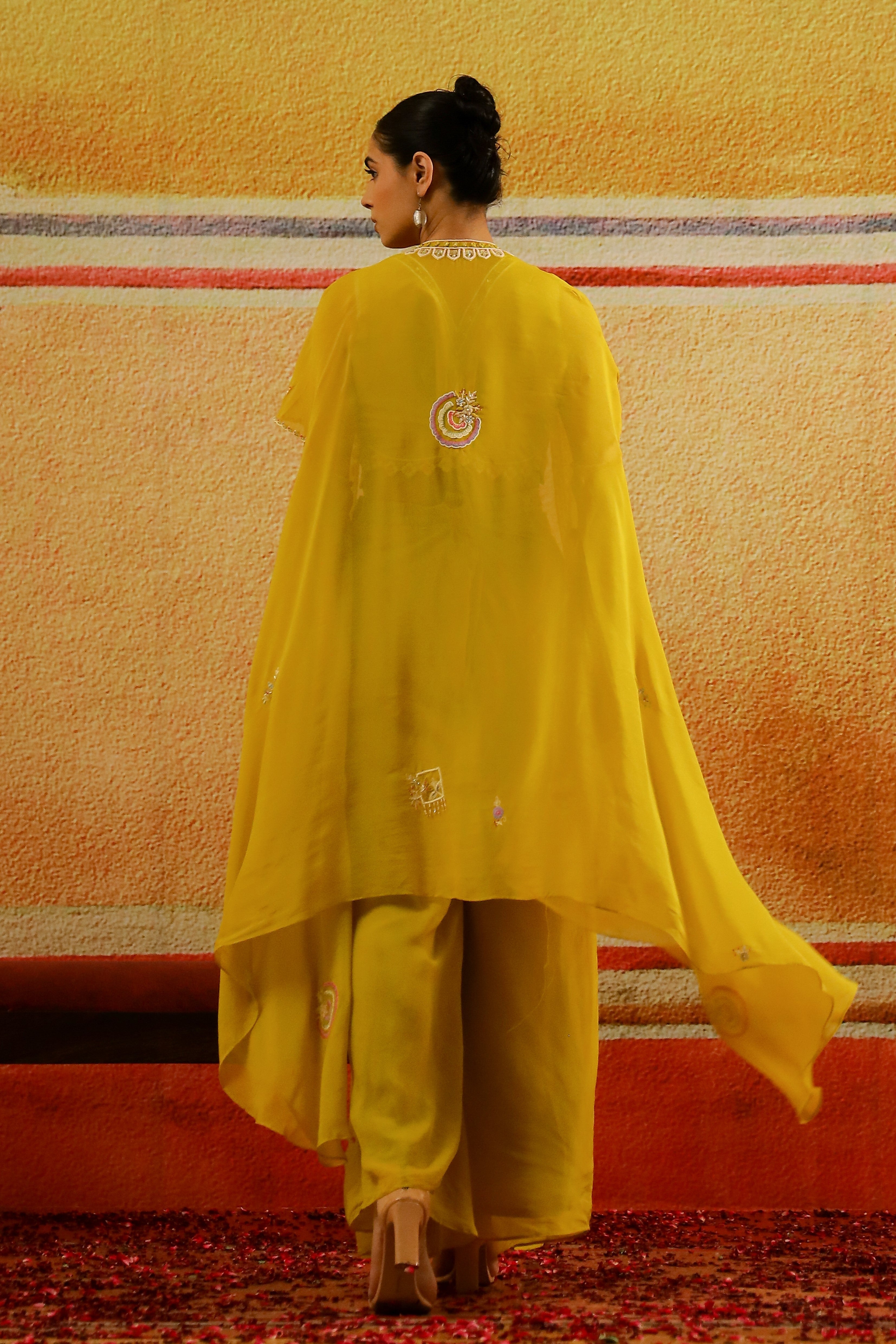 Festive Yellow Embellished Organza Silk Cape Set