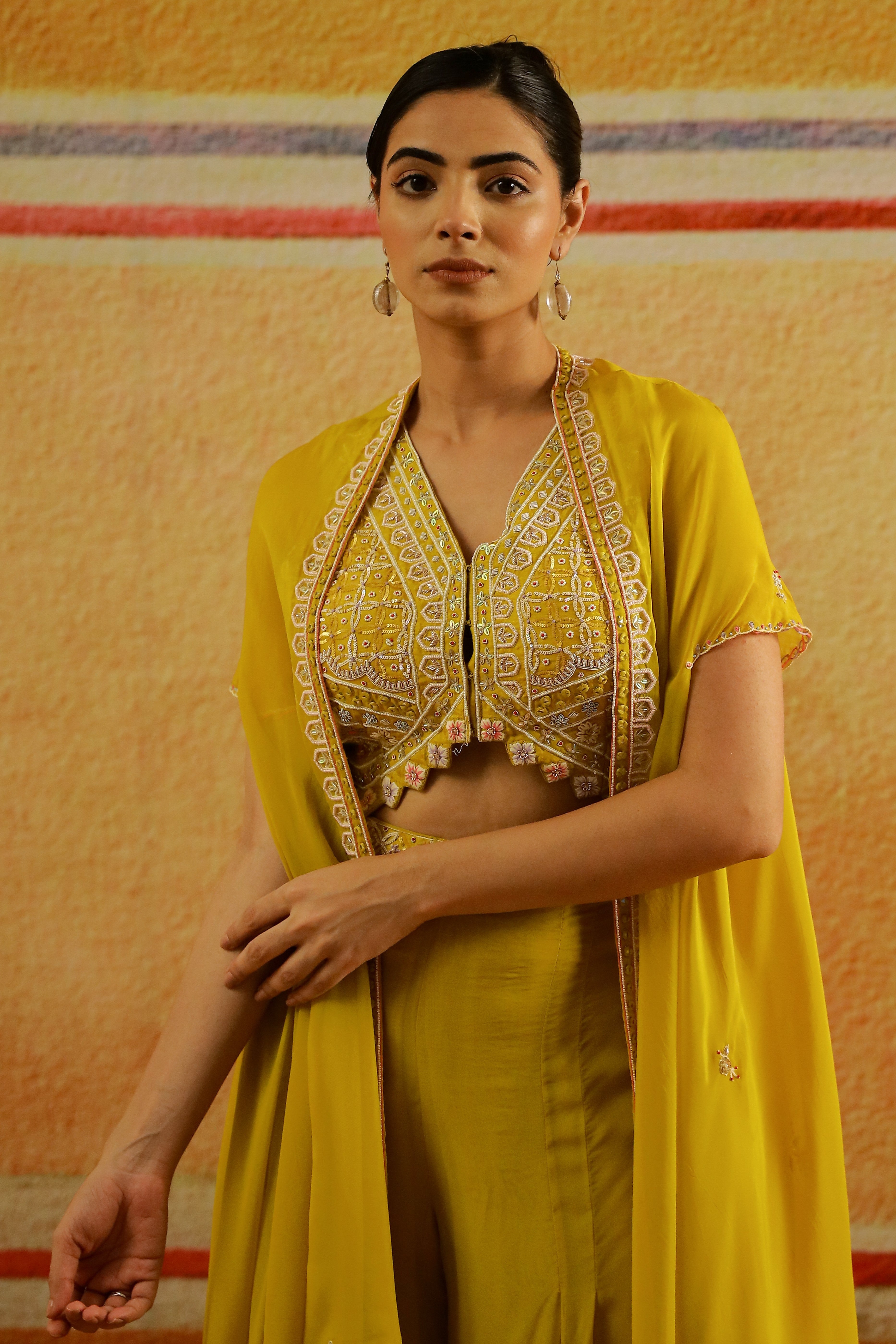 Festive Yellow Embellished Organza Silk Cape Set