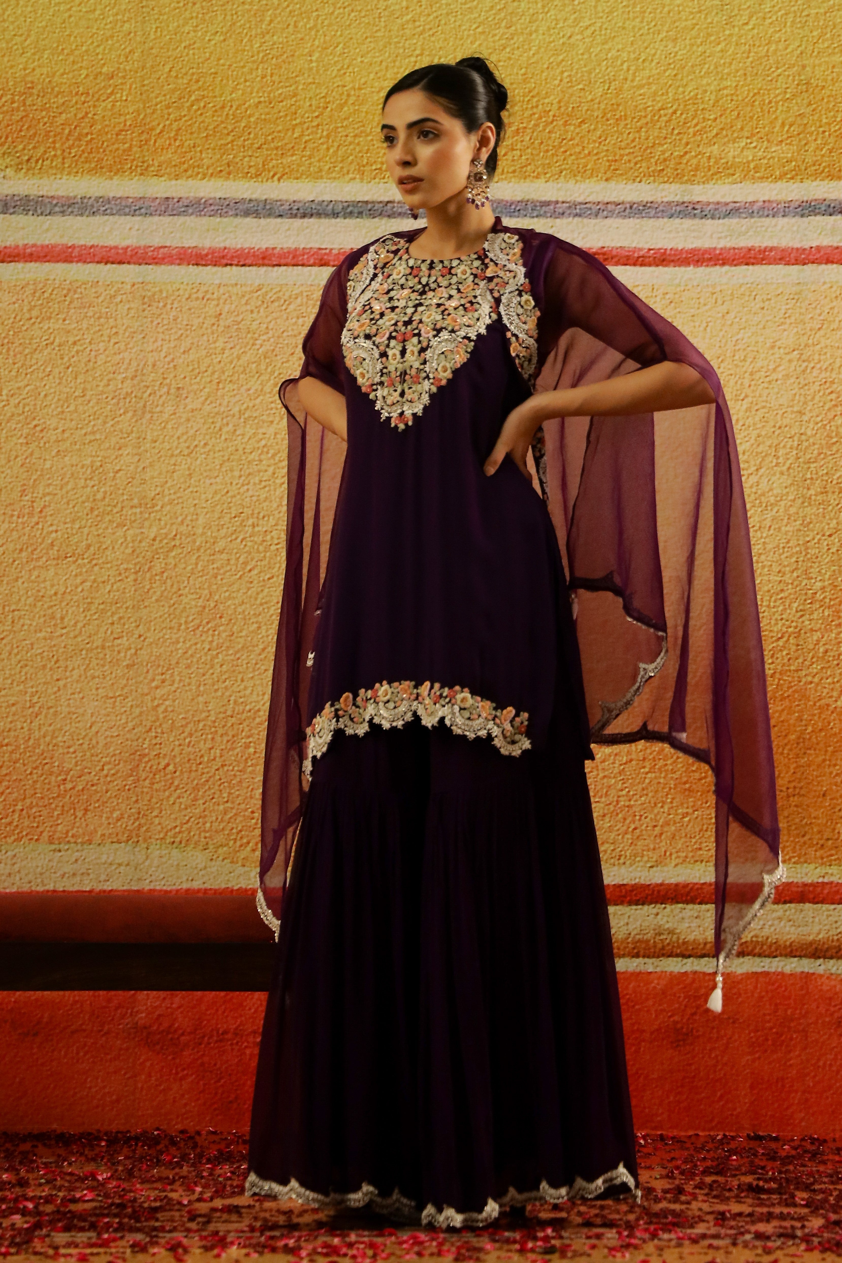 Purple Embroidered Chiffon Silk Sharara Set