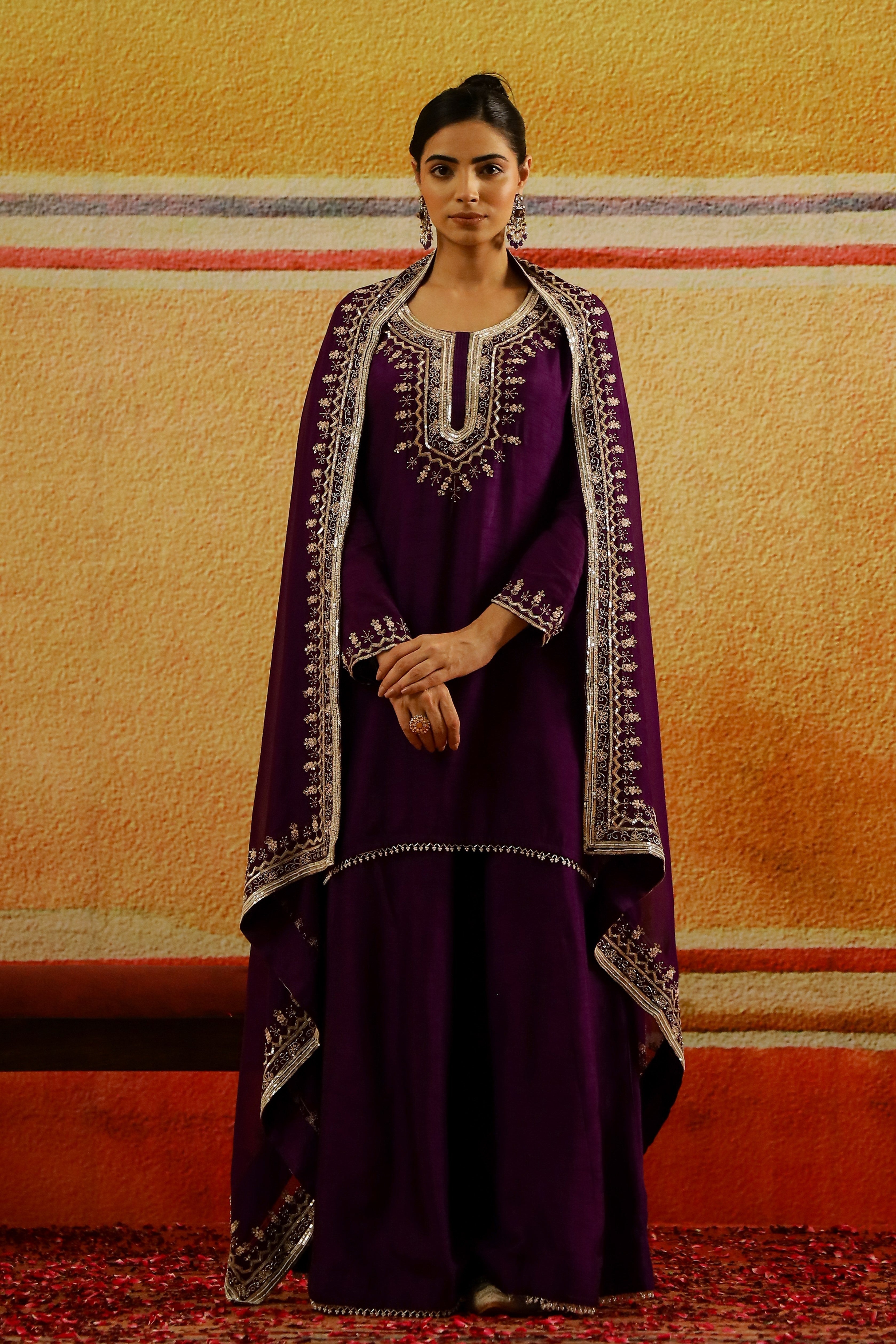 Purple Embellished Raw Silk Palazzo Set