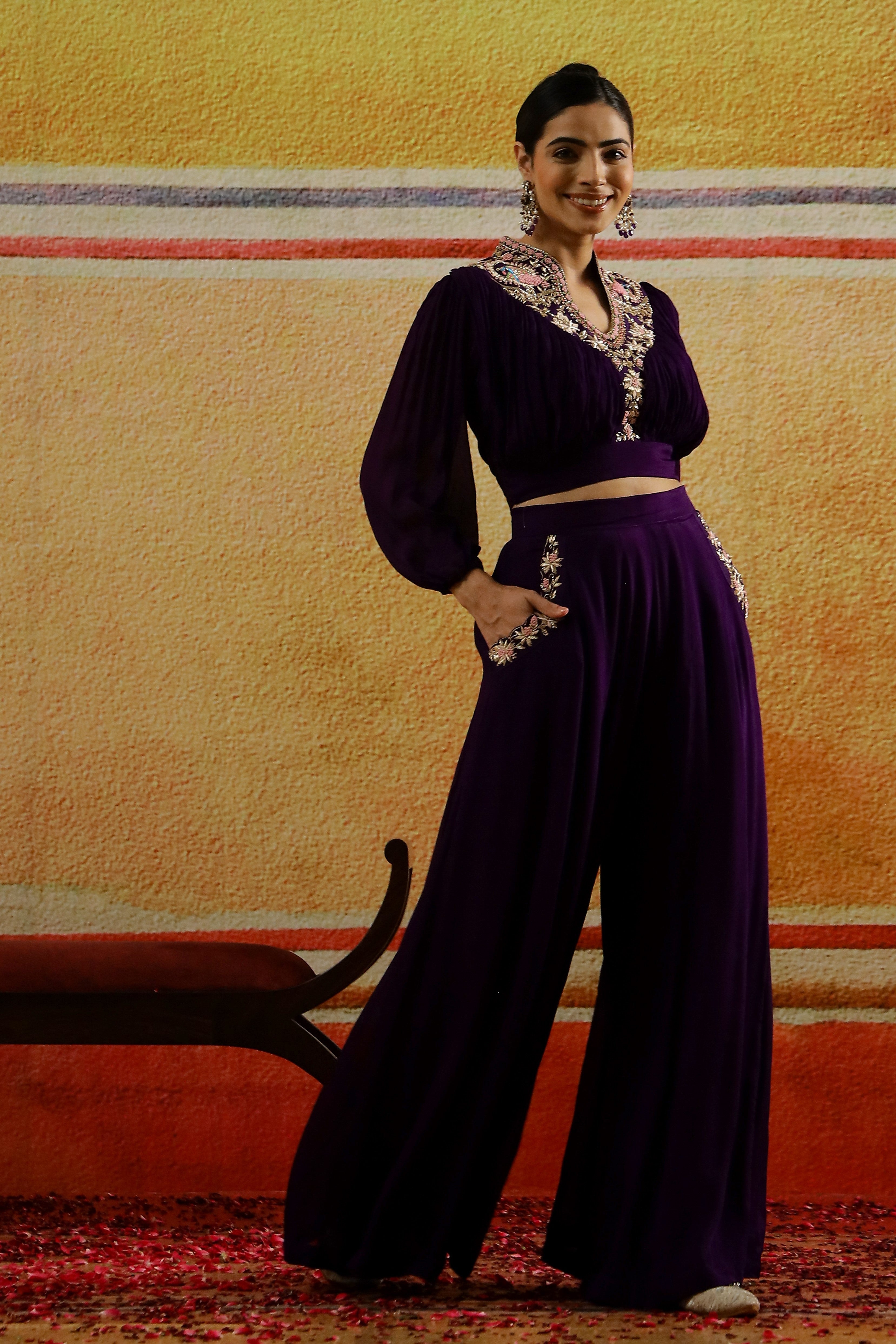 Purple Embellished Premium Chinon Silk Palazzo Set