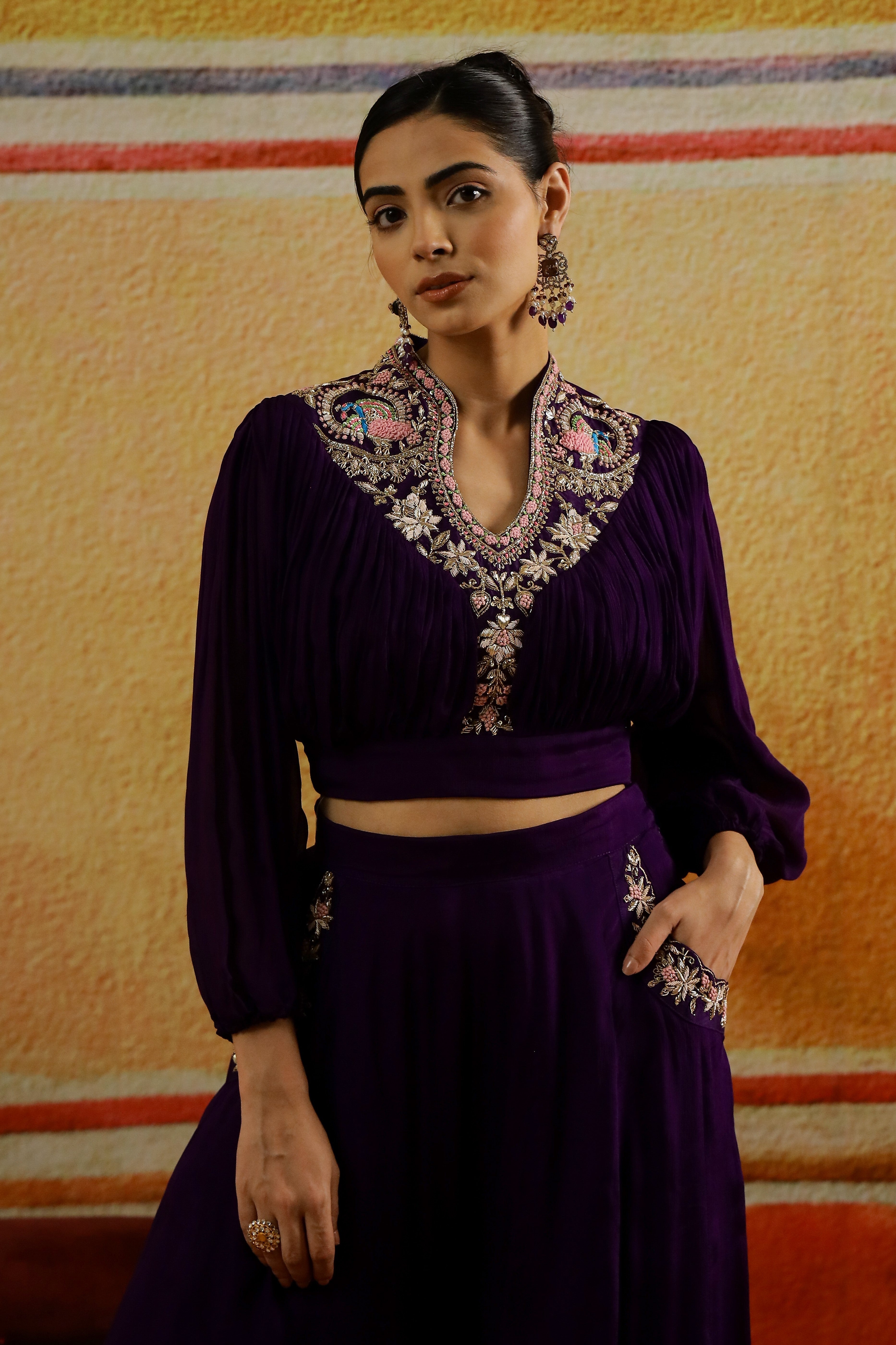 Purple Embellished Premium Chinon Silk Palazzo Set