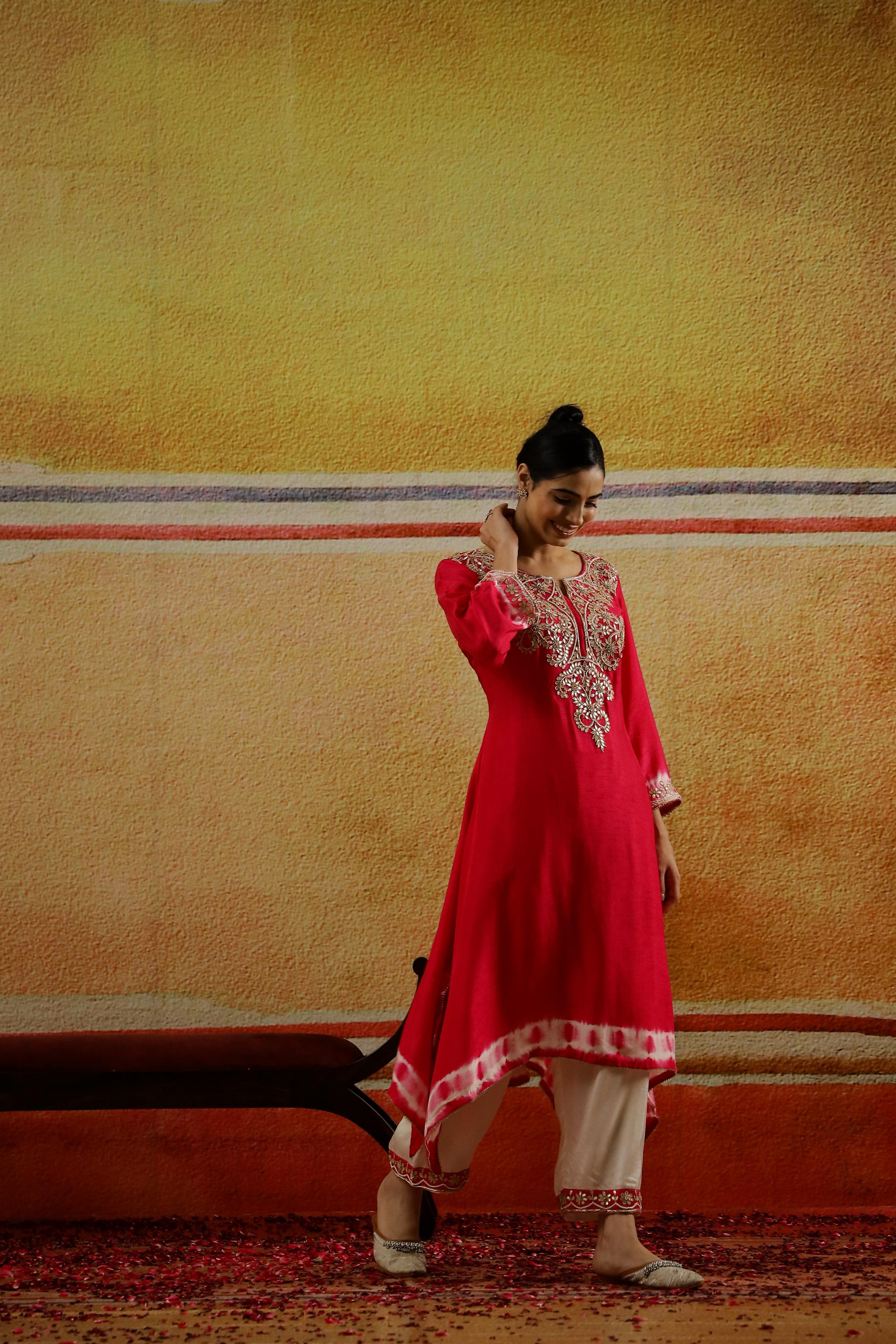 Cerise Pink Embroidered Raw Silk Kurta Set