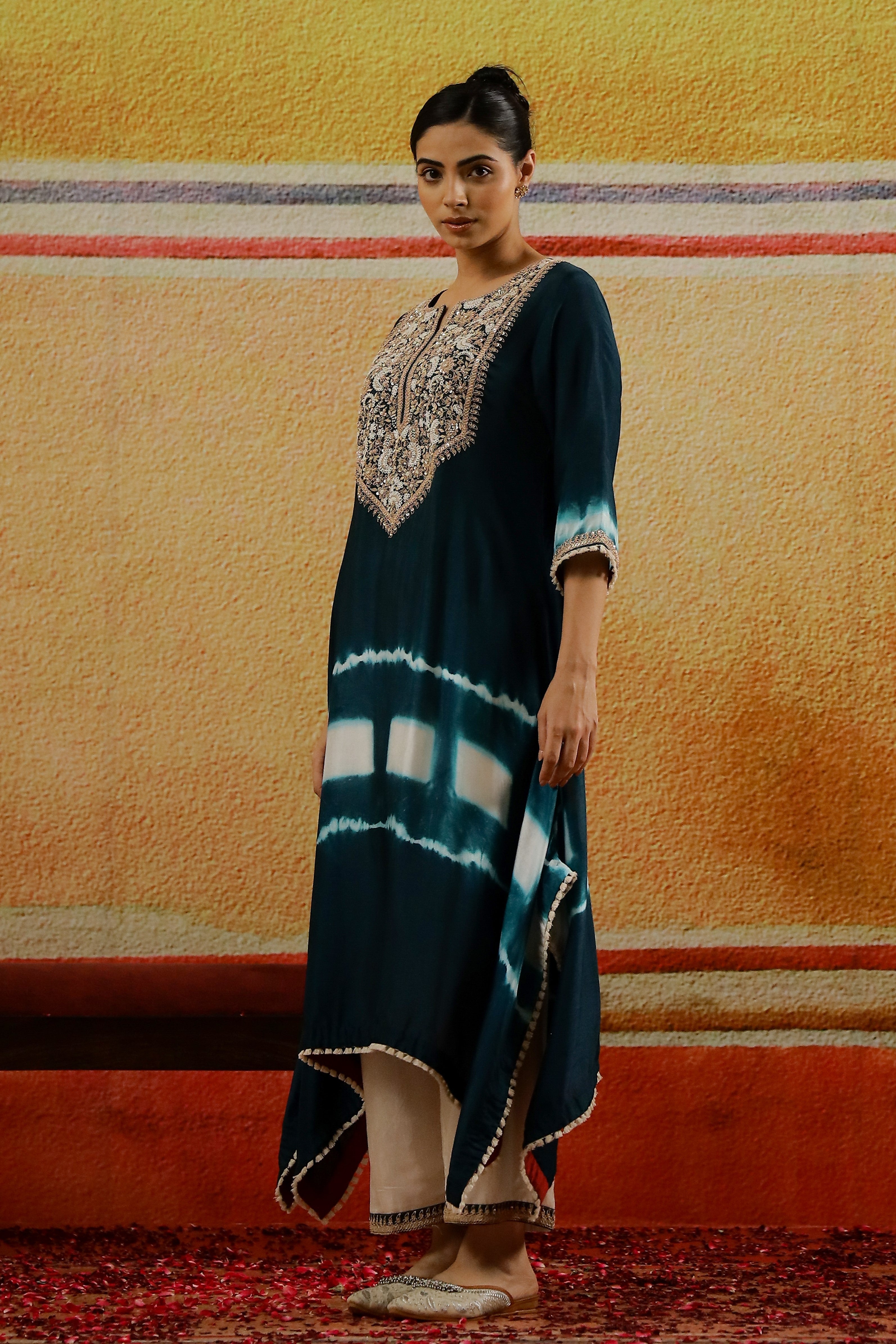 Dark Teal Embroidered German Silk Kurta Set