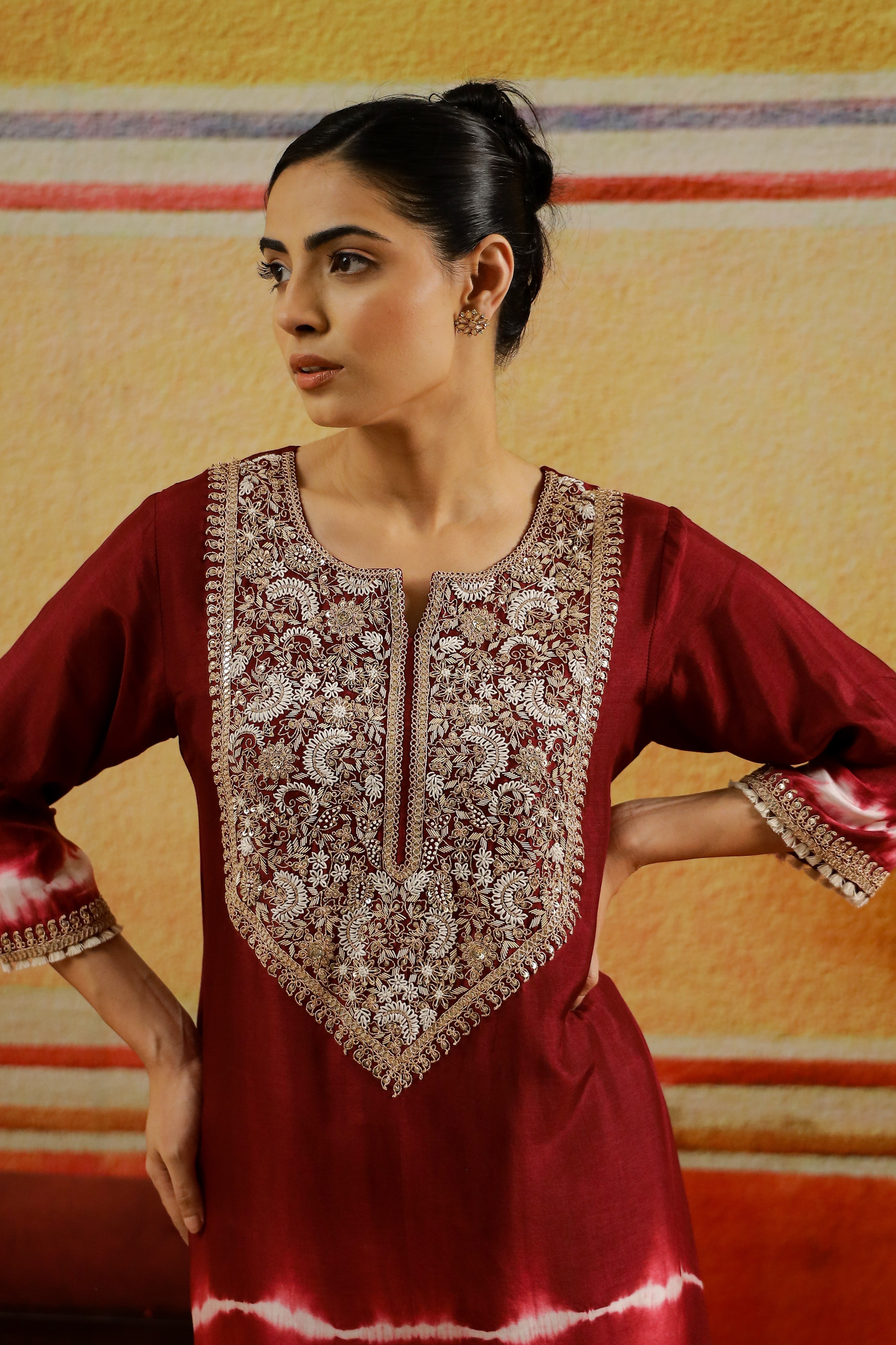 Red Embroidered German Silk Kurta Set